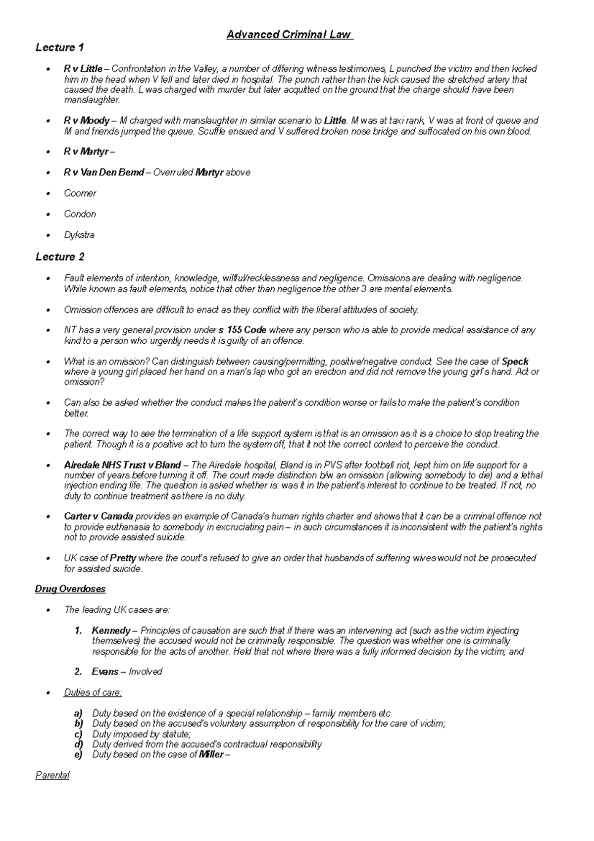 Advanced Crim Lecture Notes - Advanced Criminal Law Lecture 1 R v ...