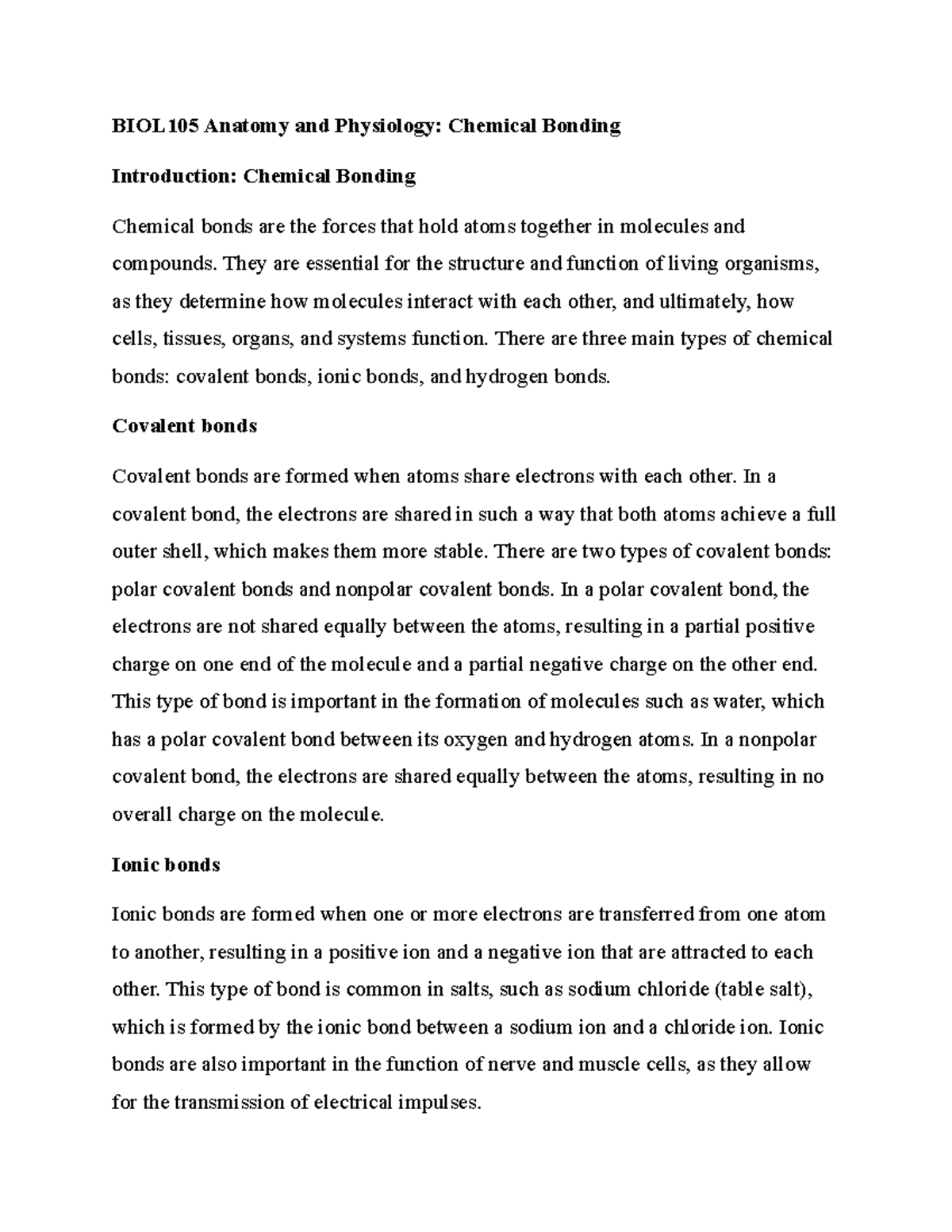 BIOL105 Anatomy and physiology Chemical bonding - BIOL105 Anatomy and ...