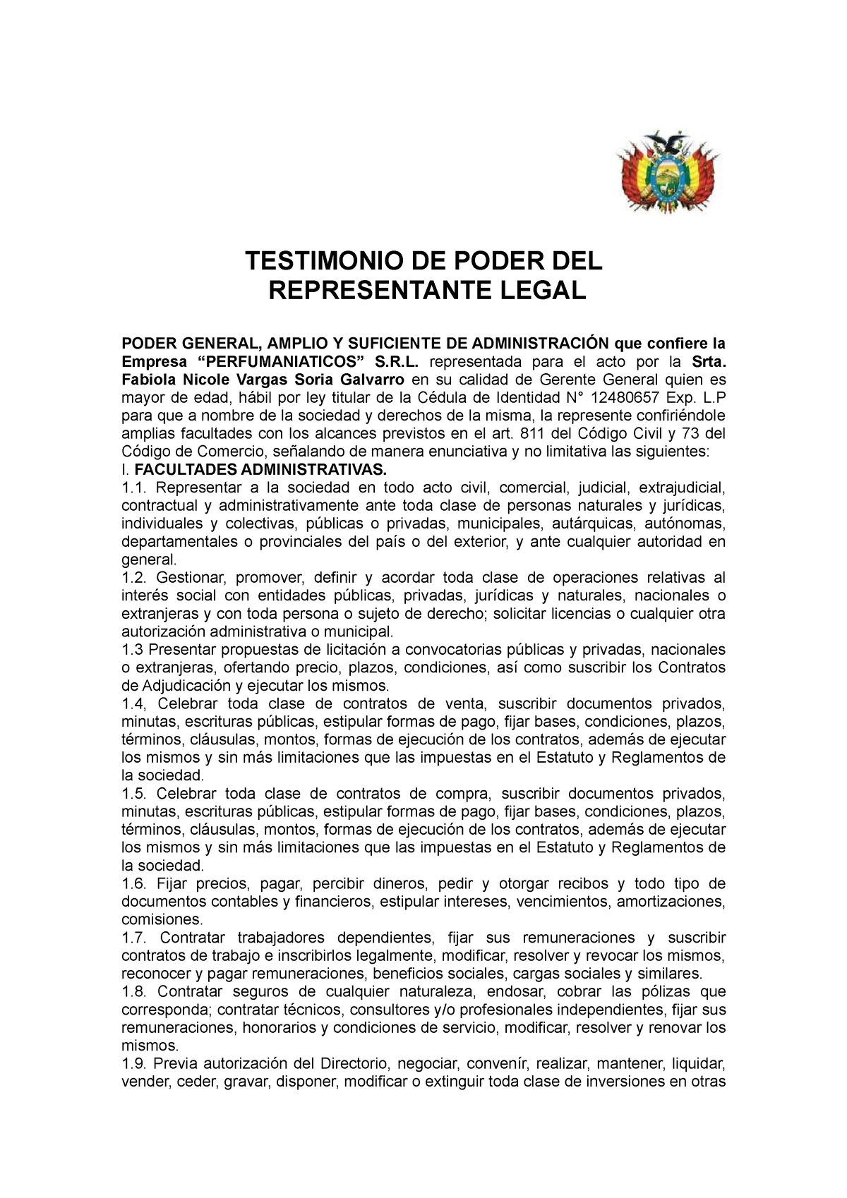 Testimonio Del Representante Legal Testimonio De Poder Del