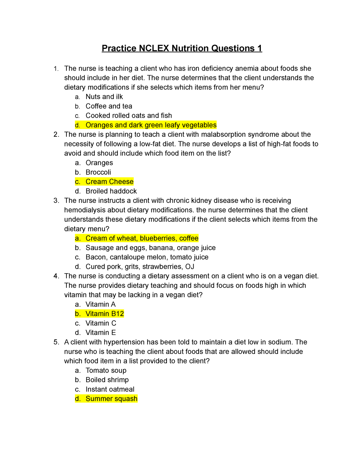 Nclex Nutrition Questions 1 Practice NCLEX Nutrition Questions 1 The