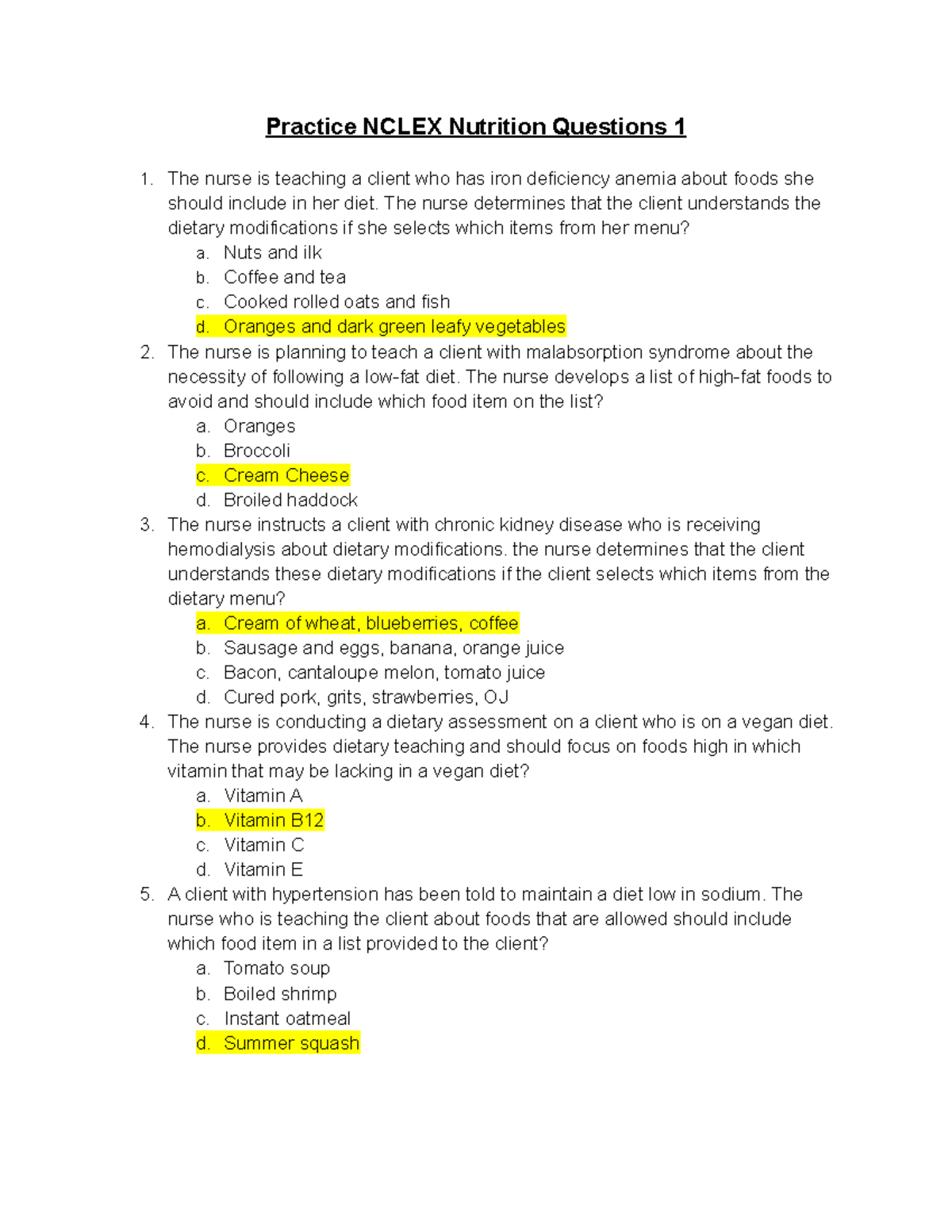 Nclex Nutrition Questions 1 Practice NCLEX Nutrition Questions 1 The