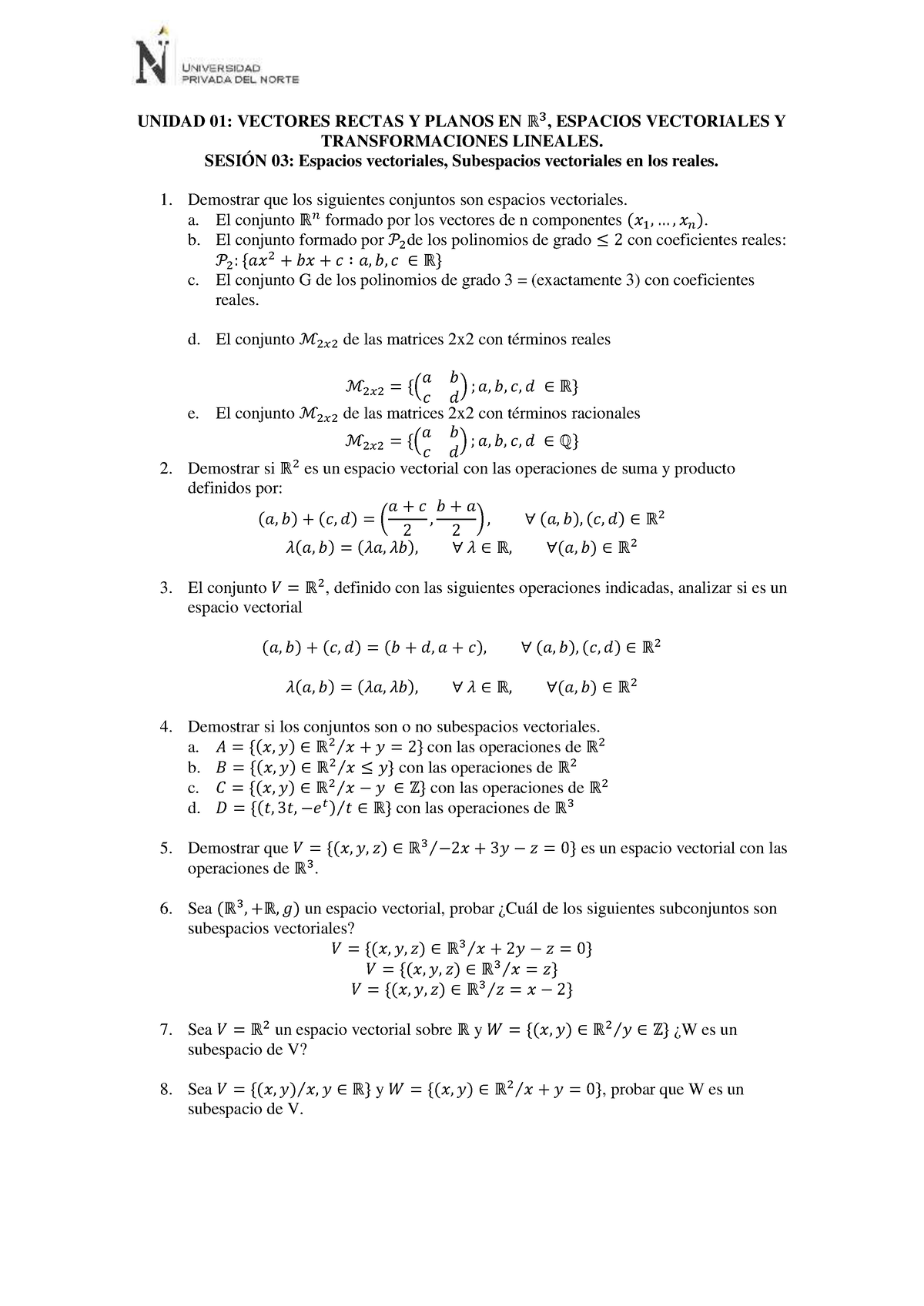 Semana 03 HOJA DE Ejercicios - Espacios Vectoriales - UNIDAD 01 ...