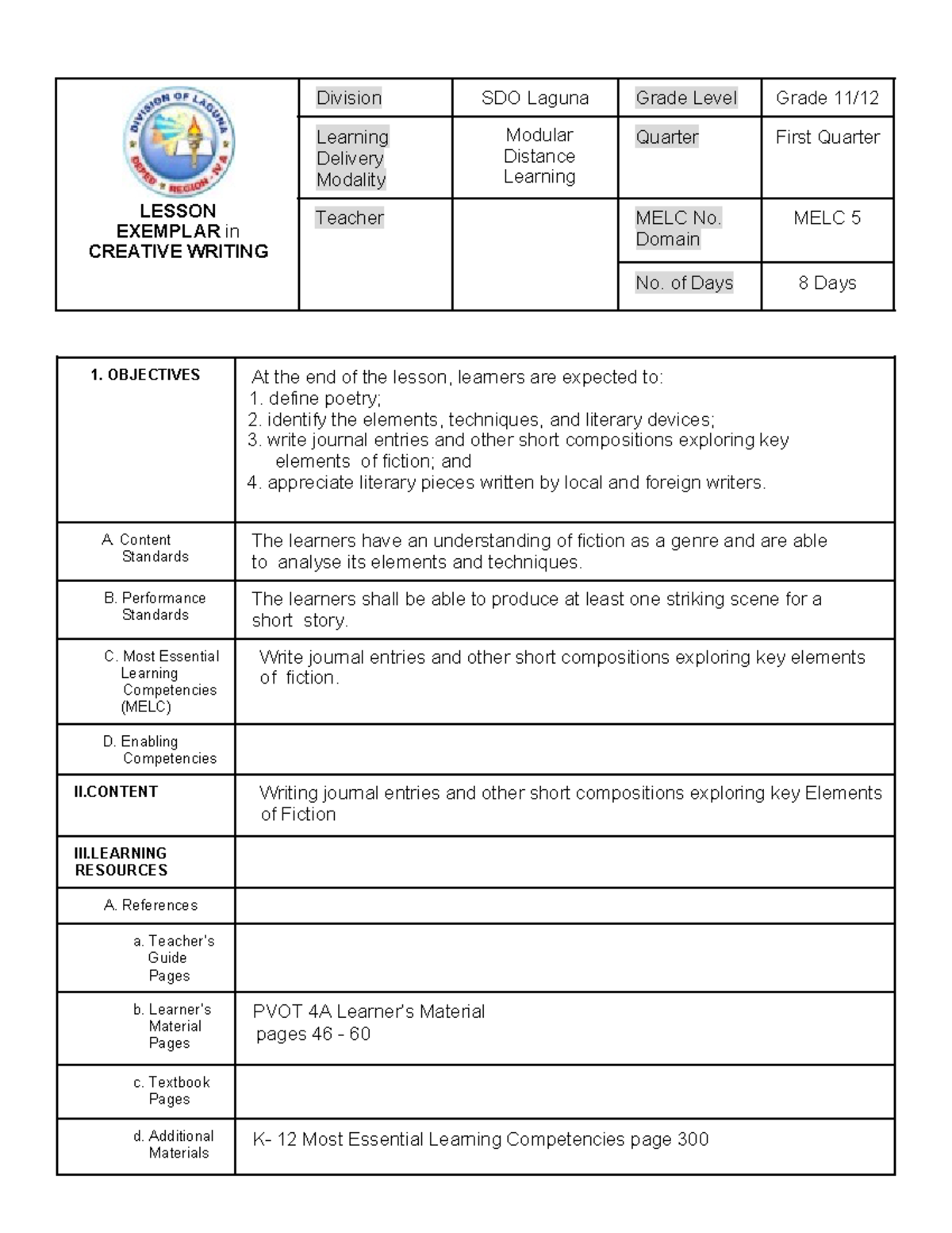 Creative Writing Modular Q1-MELC5 - LESSON EXEMPLAR in CREATIVE WRITING ...