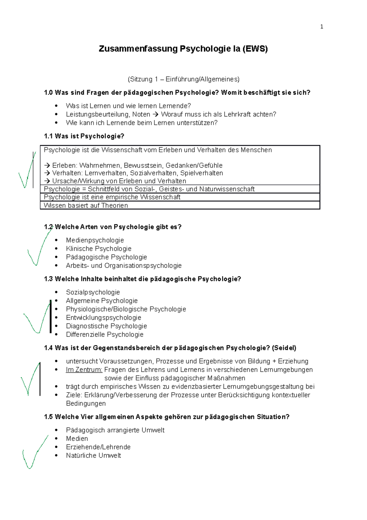 Münchner Skripte Ews Psychologie Psychologie EWS 1a - Vorlesungsnotizen 1-10 - Zusammenfassung