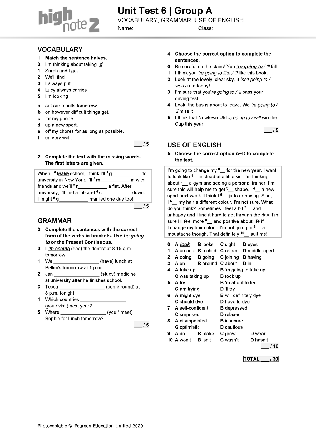 High Note 2 Unit Language Test Unit06 Group A Unit Test 6 Group A