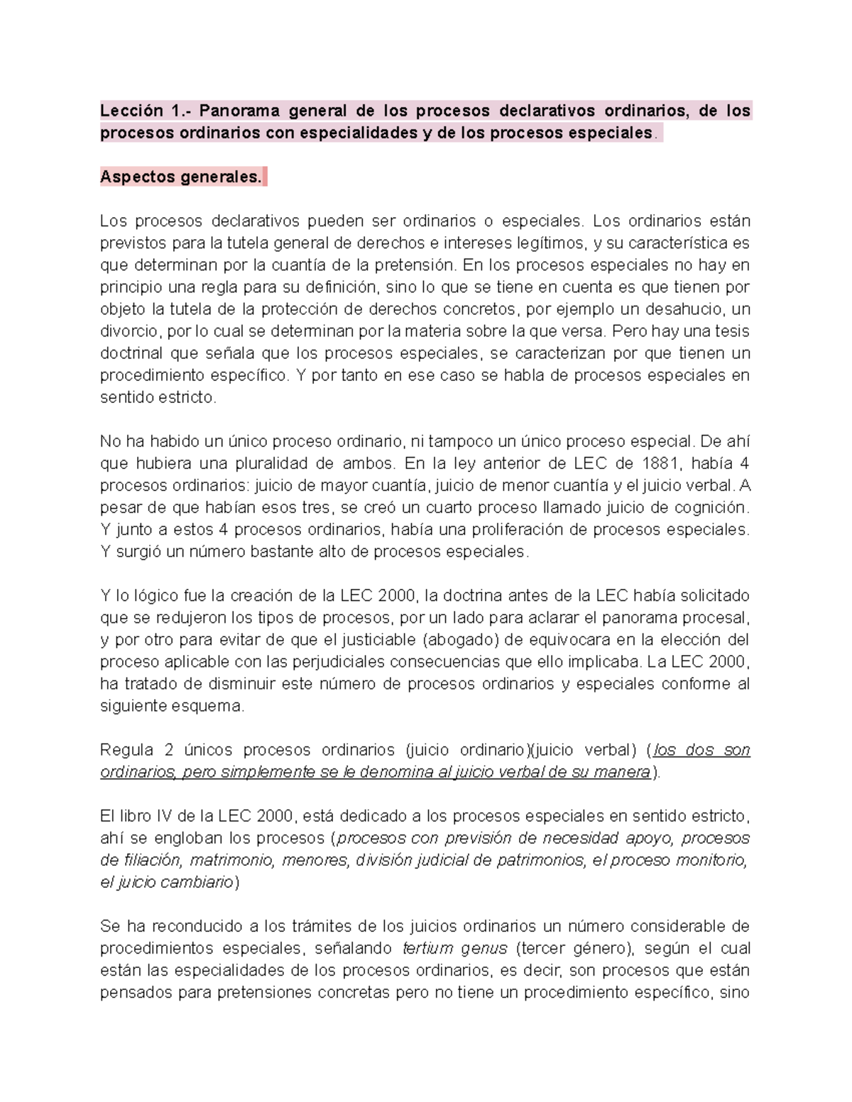 TEMA 1 Panorama General DE LOS Proceso Declarativos Ordinarios DE LOS