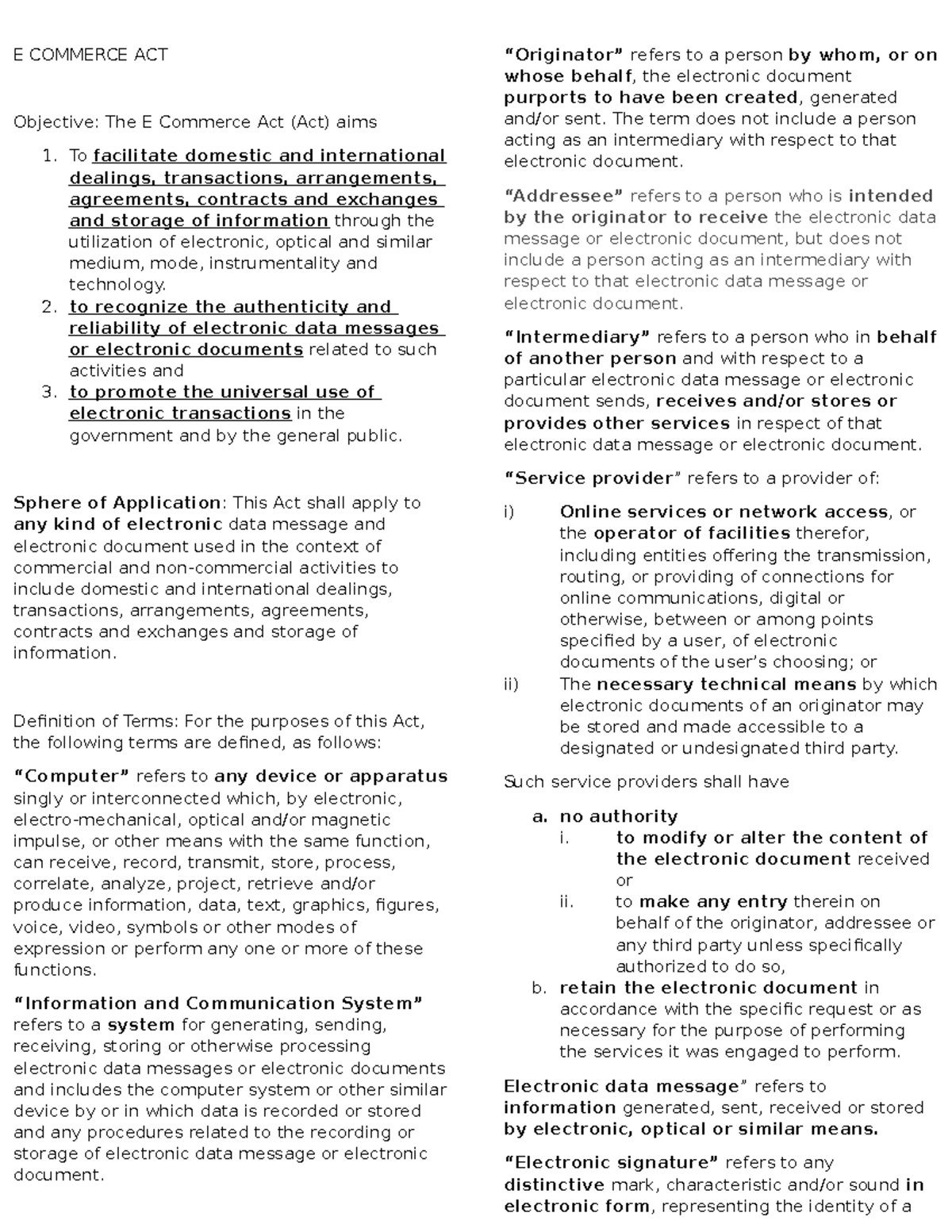 E Commerce ACT - E COMMERCE ACT Objective: The E Commerce Act (Act ...