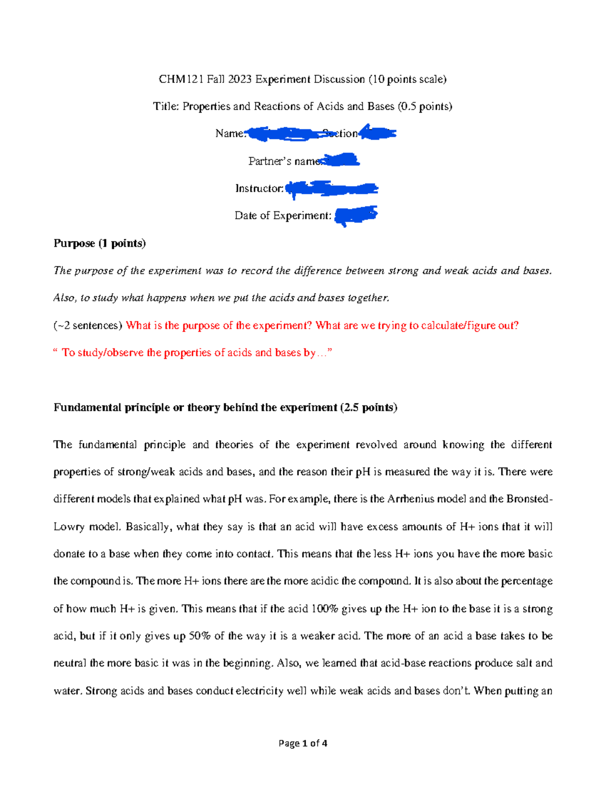 Experimental Discussion Lab Report 5 Acids and Bases CHM121 Fall