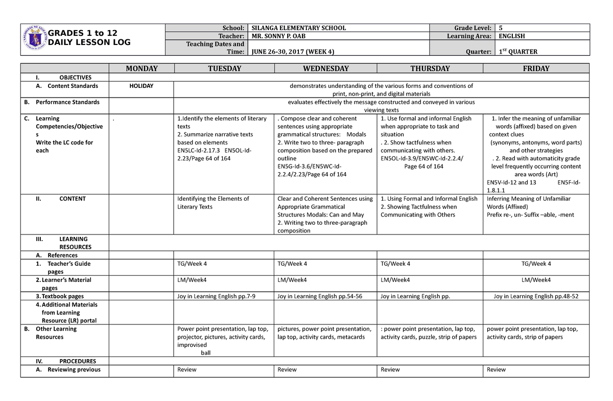 DLL English 5 Q1 W4 - DAILY LESSON LOG - GRADES 1 to 12 DAILY LESSON ...