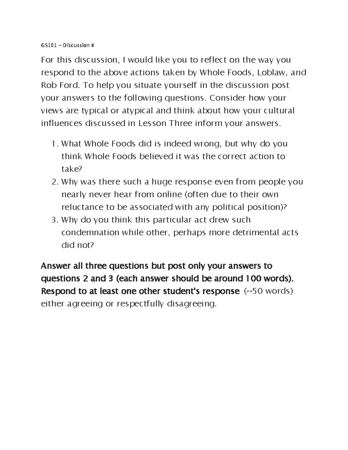 GS101- Discussion 6 - GS101 – Discussion 6 For this discussion, I would ...