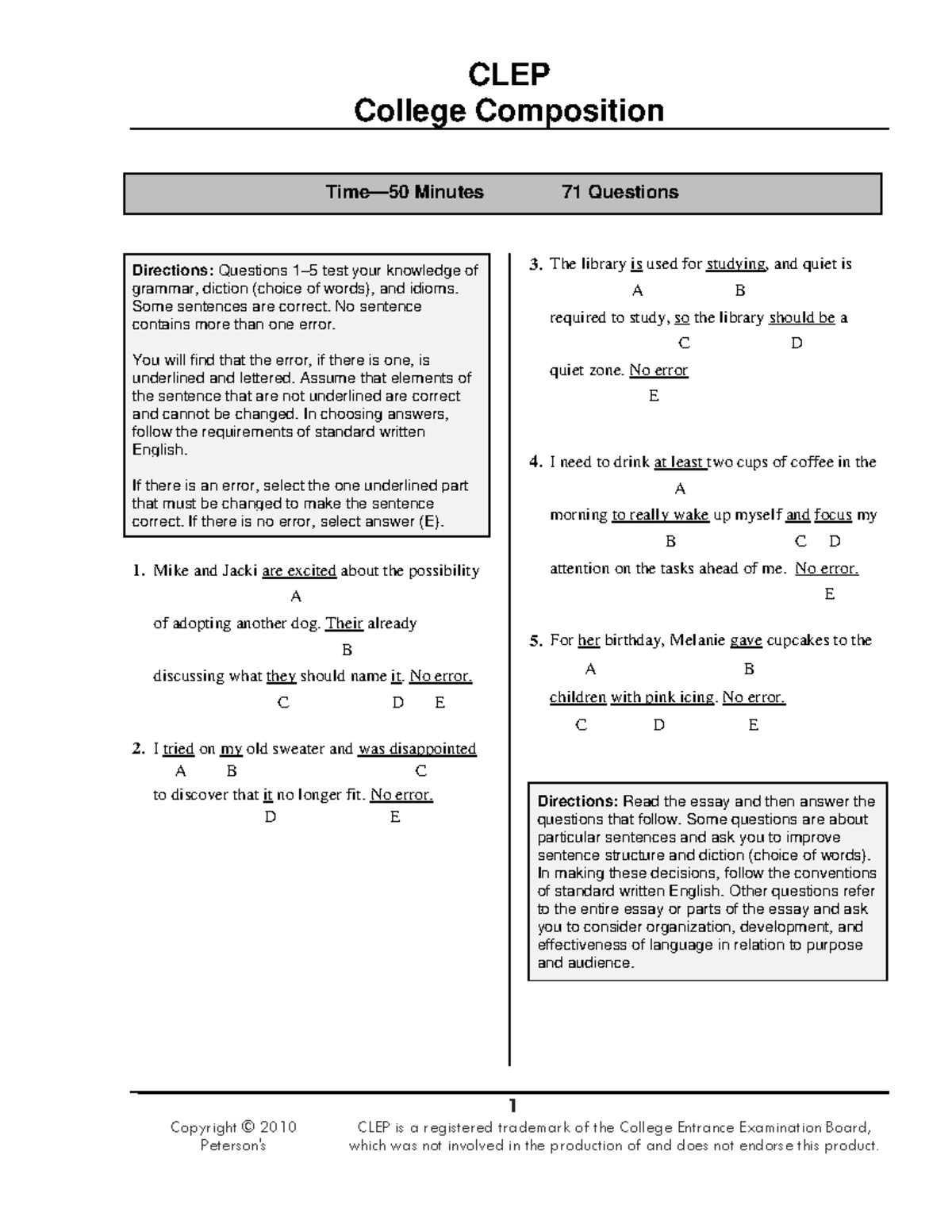 clep college composition essay examples