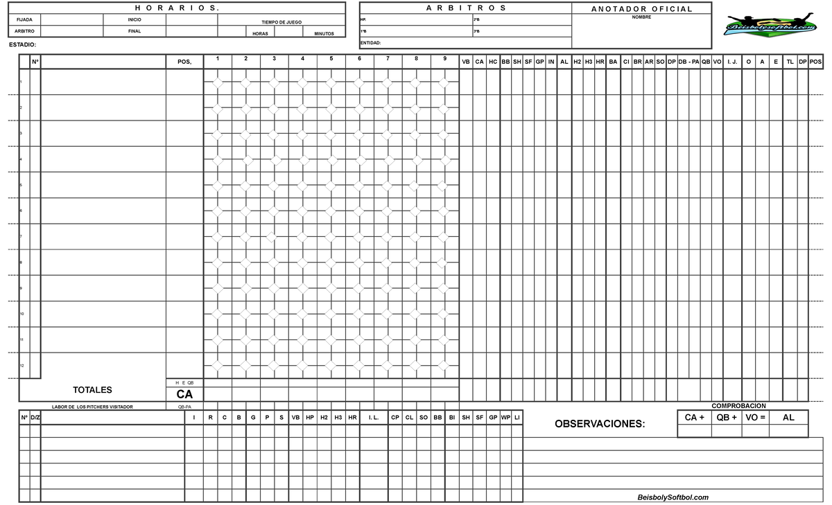 Planilla Anotacion Beisbol Softbol kickingball HC - H O R A R I O S. A