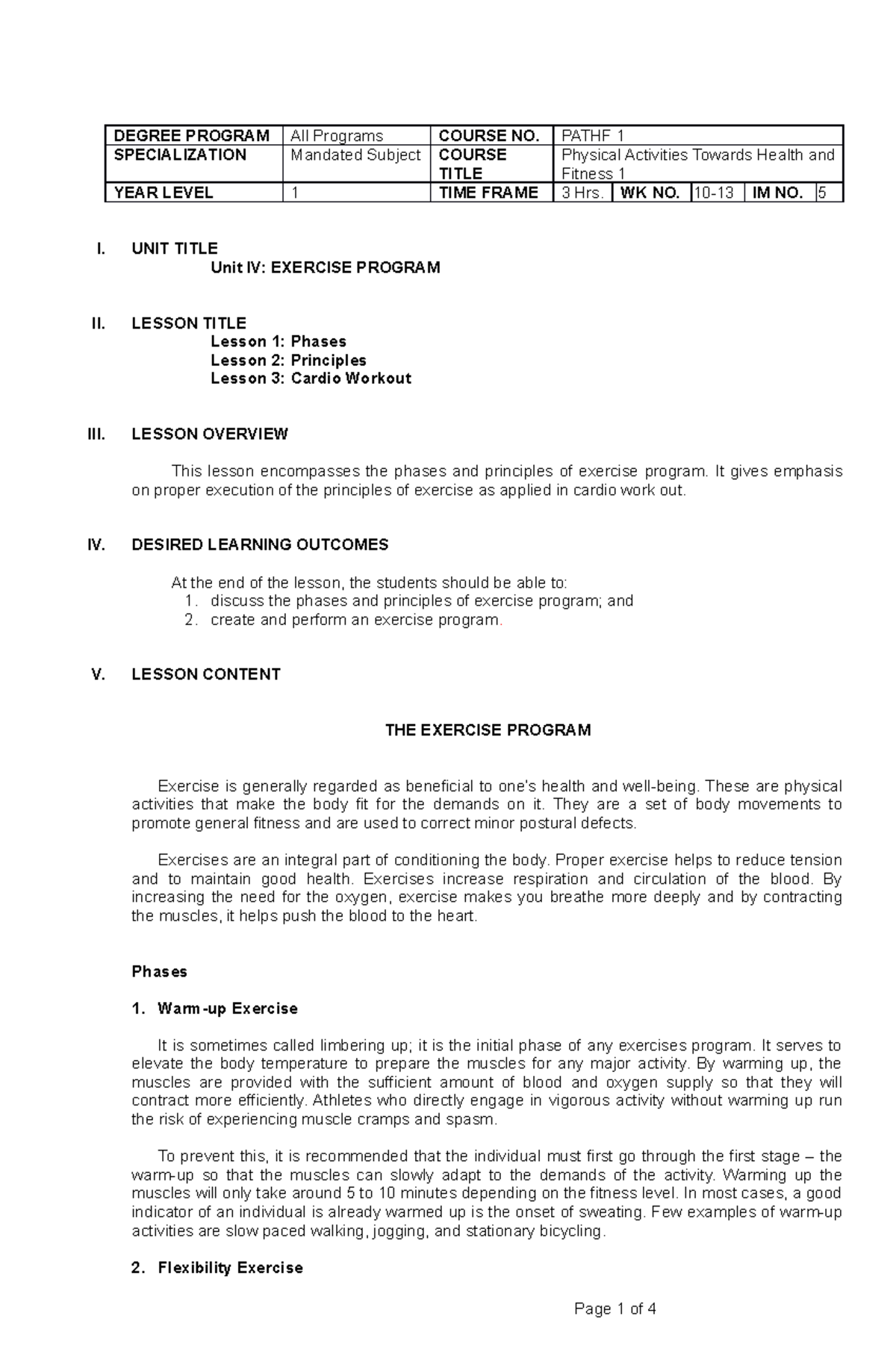 8 - PATHF - I. UNIT TITLE Unit IV: EXERCISE PROGRAM II. LESSON TITLE ...