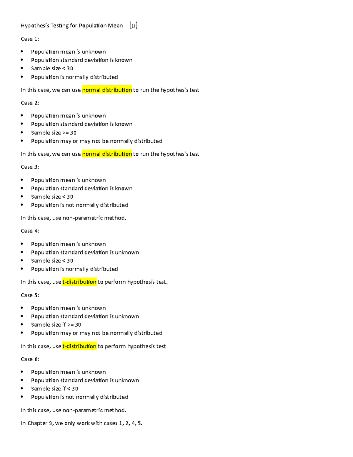 Handout 1 - Hypothesis Testing for Population Mean ( μ ) Case 1 ...