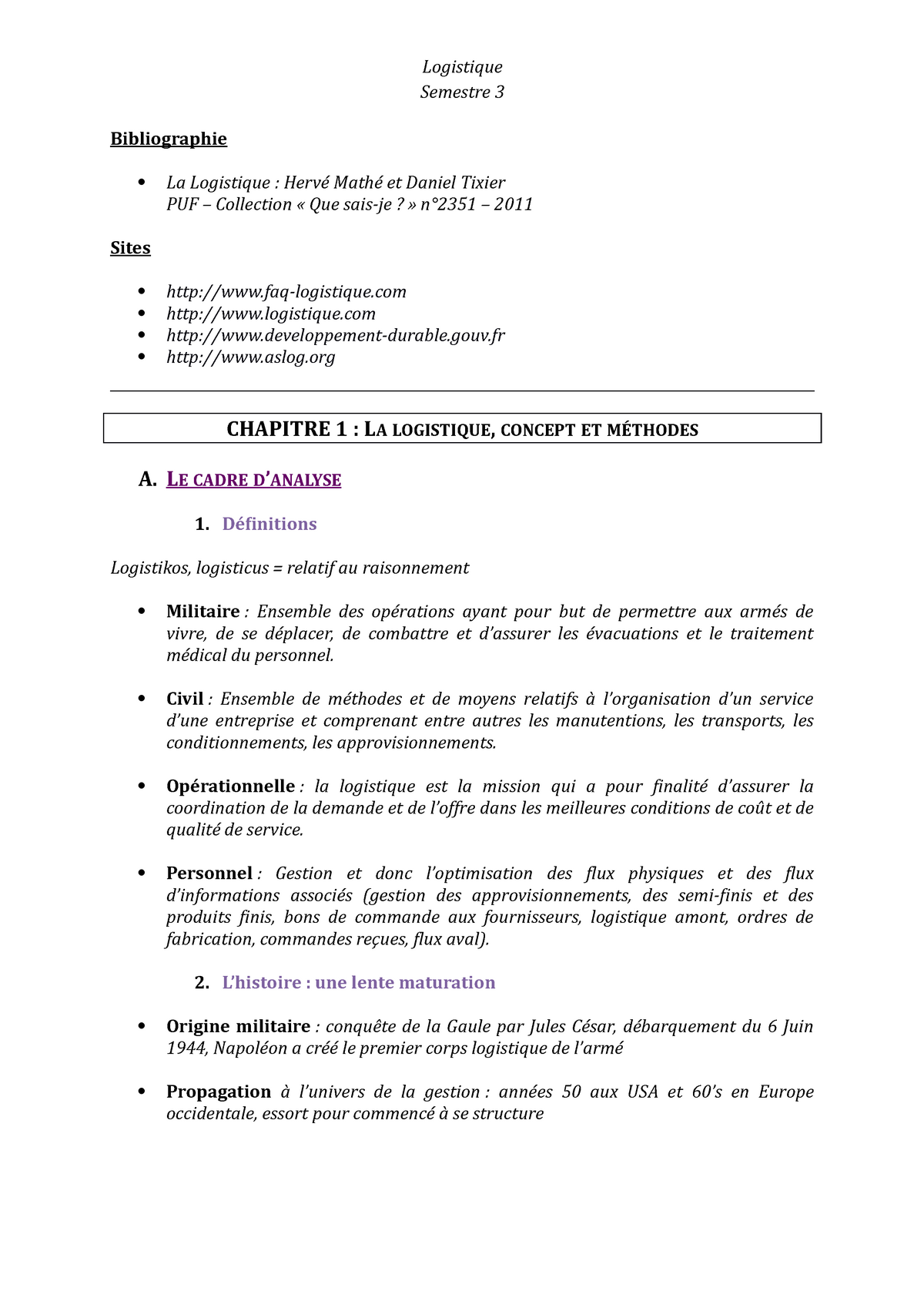 LogistiqueS3 Amphi  cours de logistique  Semestre 3 Bibliographie