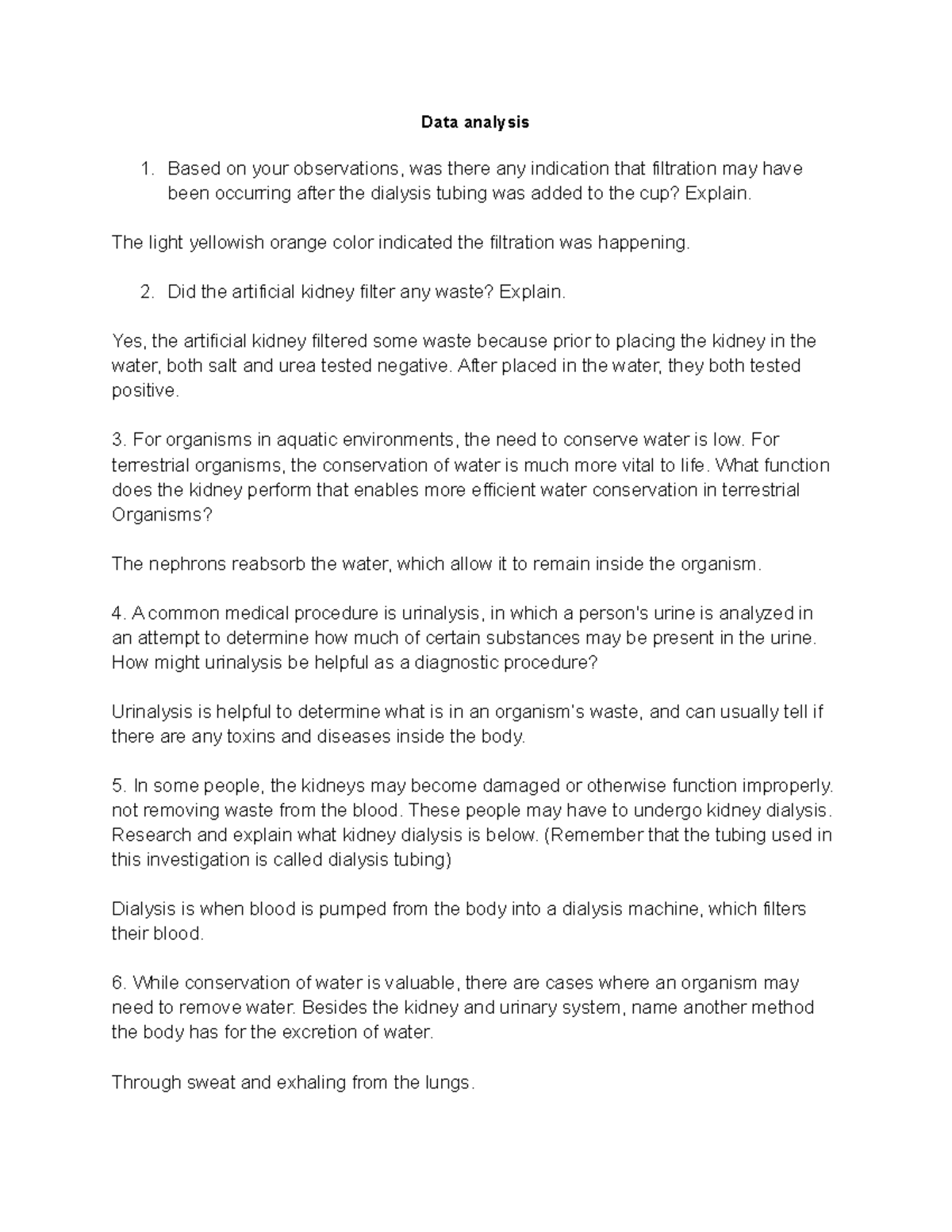 Kidney filtration lab Data analysis 1. Based on your observations