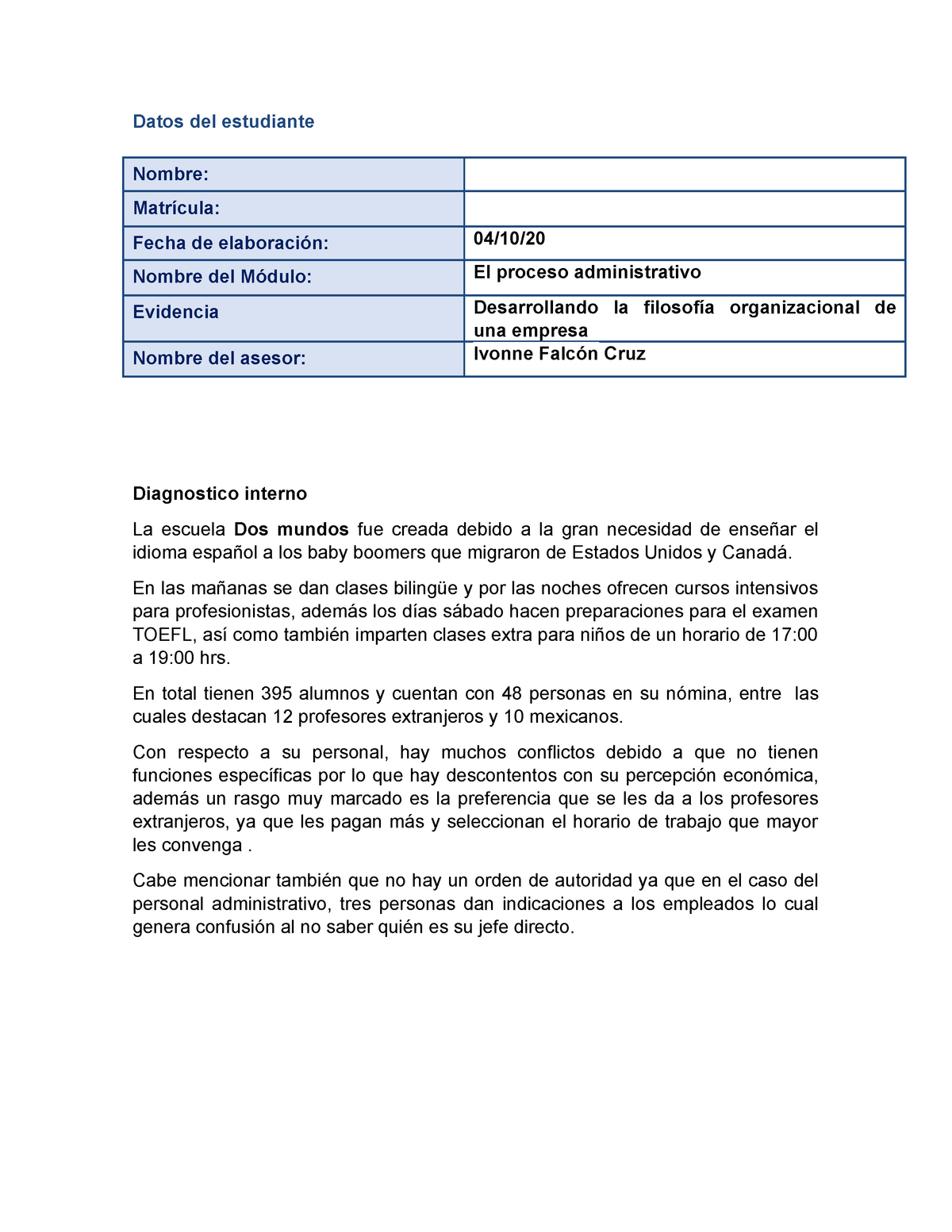 Desarrollando La Filosofia Organizacional De Una Empresa Datos Del Estudiante Studocu