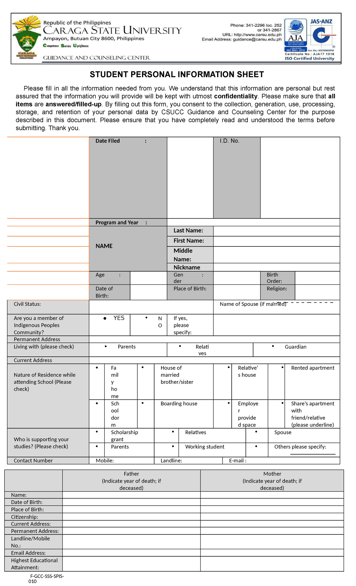 Student Personal Information Sheet STUDENT PERSONAL INFORMATION SHEET Please fill in all the