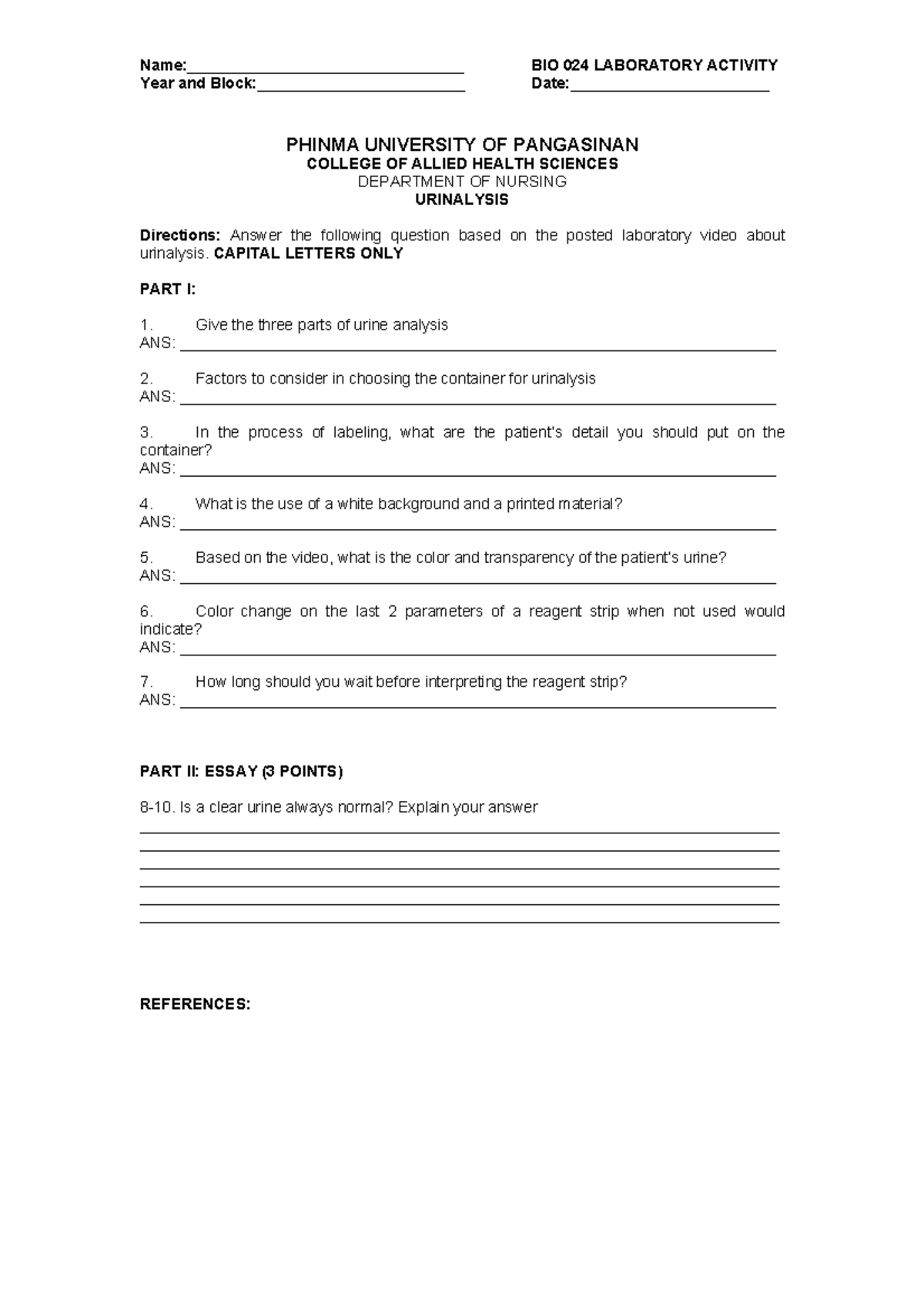 Urinalysis - Name:________________________________ BIO 024 LABORATORY ...