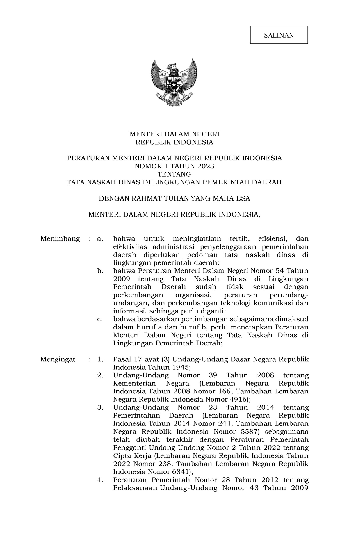 Permendagri-1-2023 - Permendagri - SALINAN MENTERI DALAM NEGERI ...