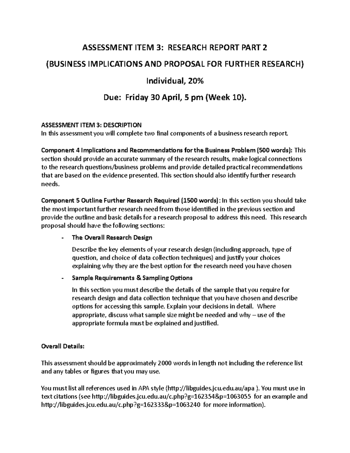 Outline for Assessment 3 of BX2174 Research and... - ASSESSMENT ITEM 3 ...
