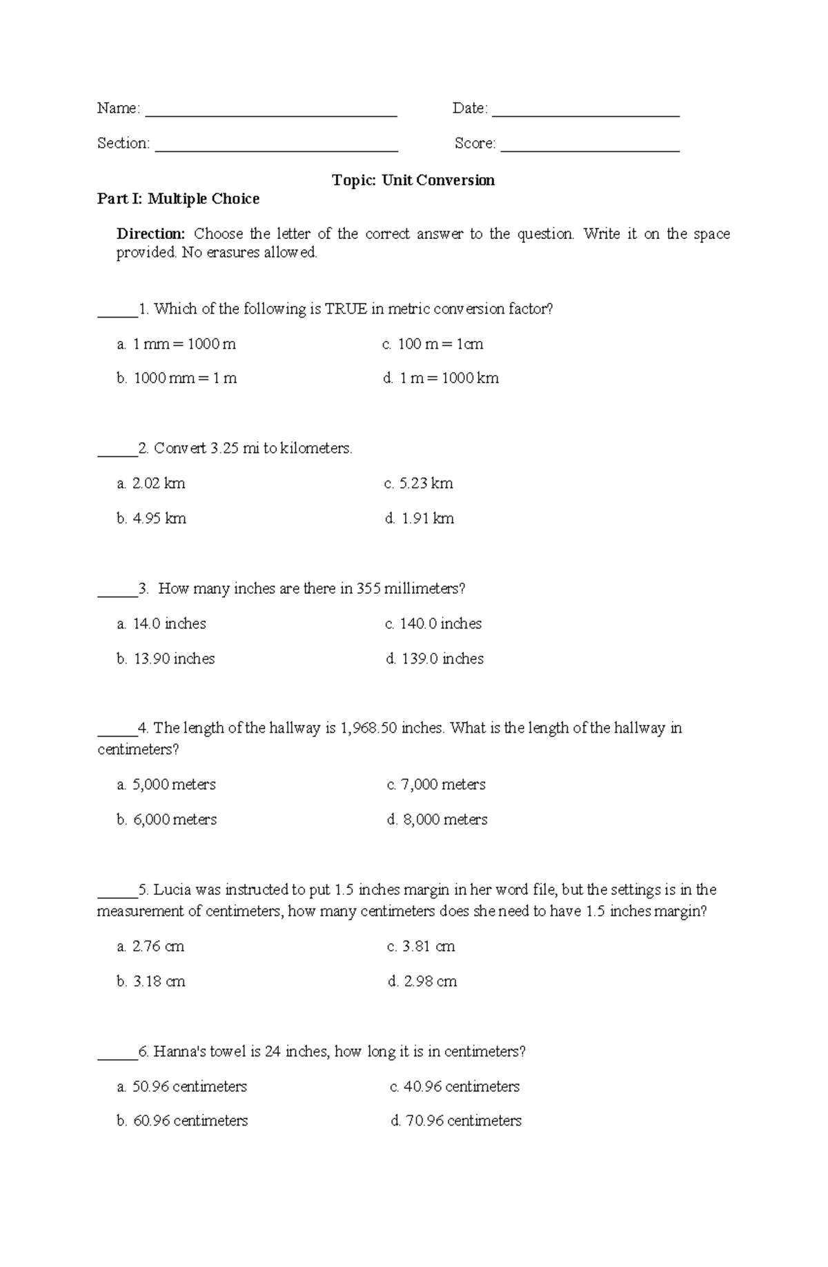 Example Test Prof Ed 6 - Name: _______________________________ Date