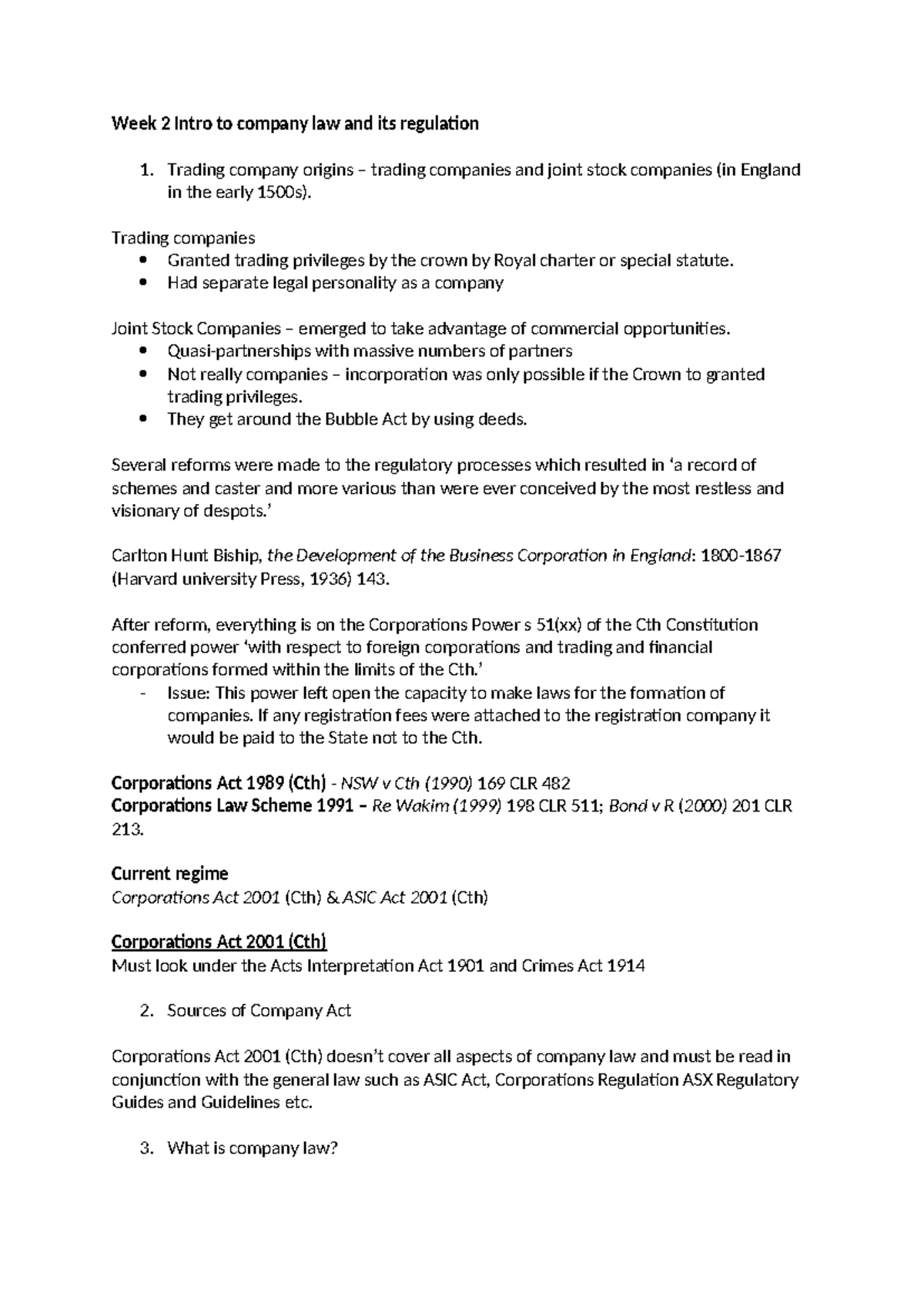 Wk 2-3 lec notes - Week 2 Intro to company law and its regulation 1 ...