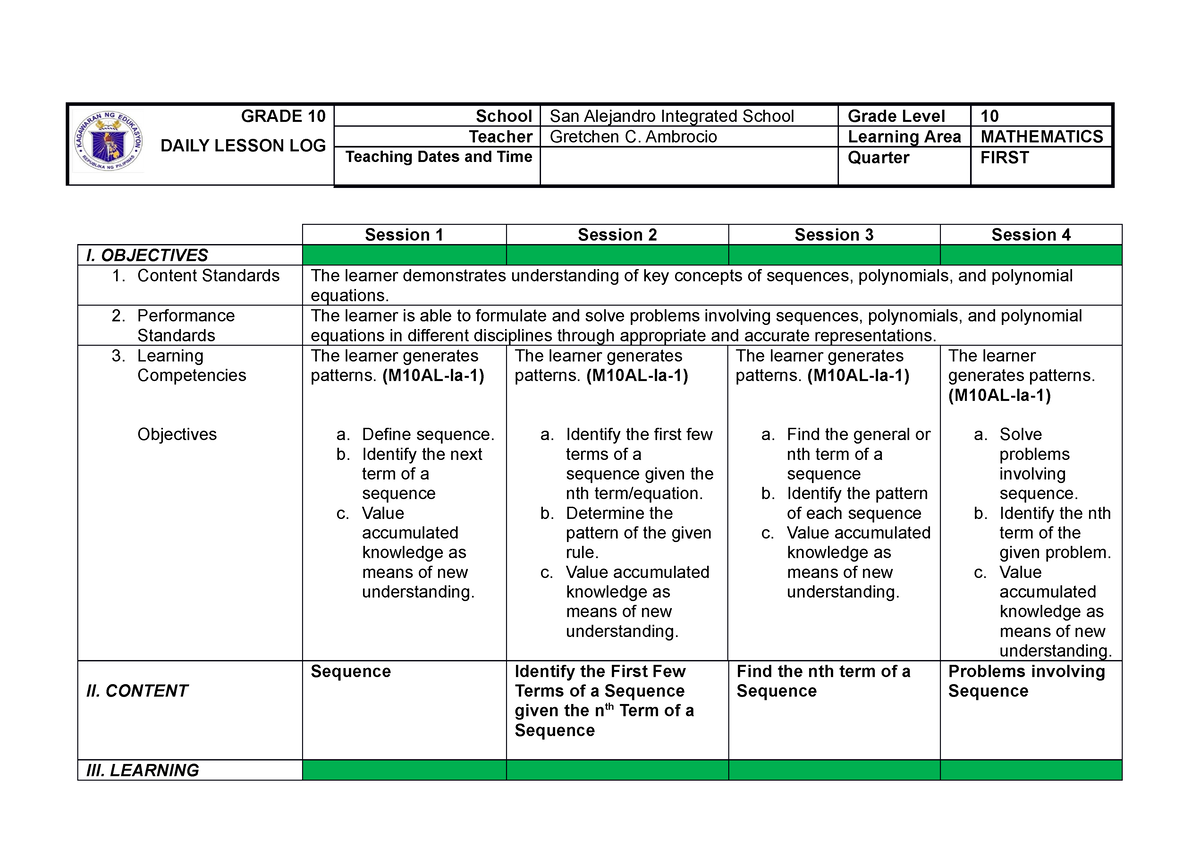 G10 DLL First- Quarter - GRADE 10 DAILY LESSON LOG School San Alejandro ...