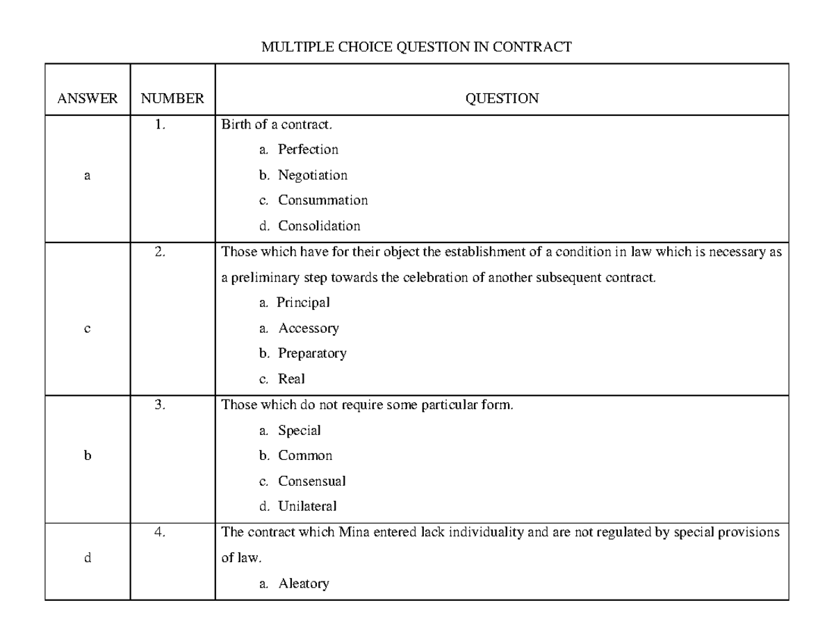 Contracts - MULTIPLE CHOICE QUESTION IN CONTRACT ANSWER NUMBER QUESTION ...