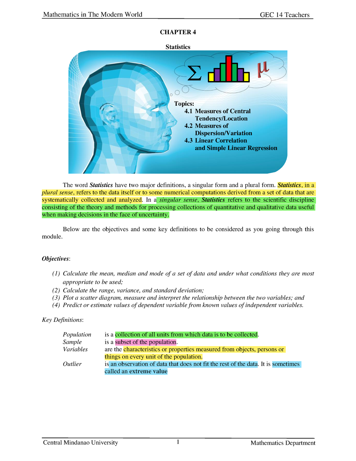 Chapter 4 Statistics - Lol - 1 CHAPTER 4 Statistics The Word Statistics ...