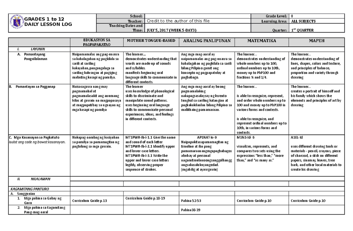 DLL ALL Subjects 1 Q1 W5 D3 - GRADES 1 to 12 DAILY LESSON LOG School ...