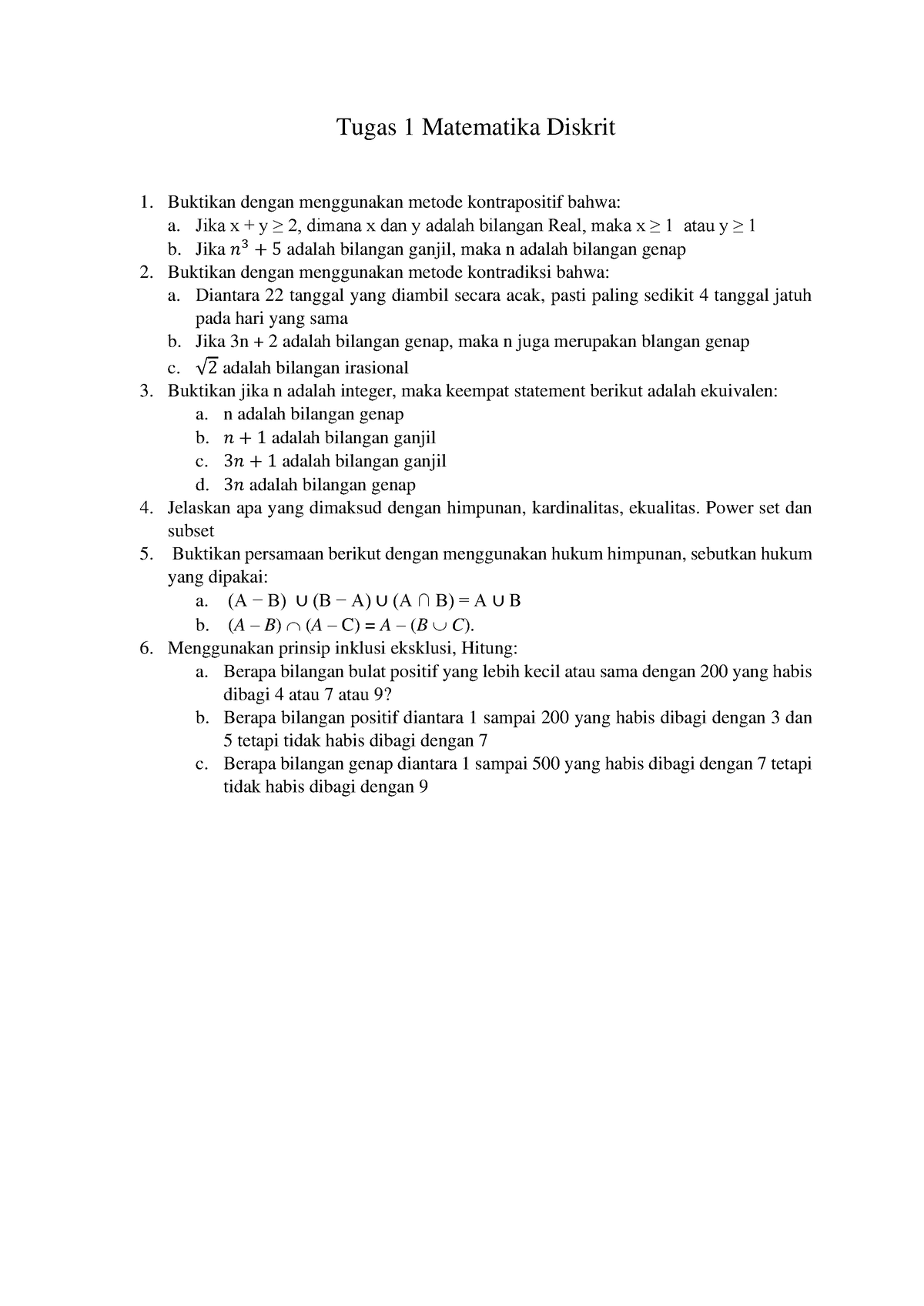 Tugas 1 Matematika Diskrit - Tugas 1 Matematika Diskrit Buktikan Dengan ...