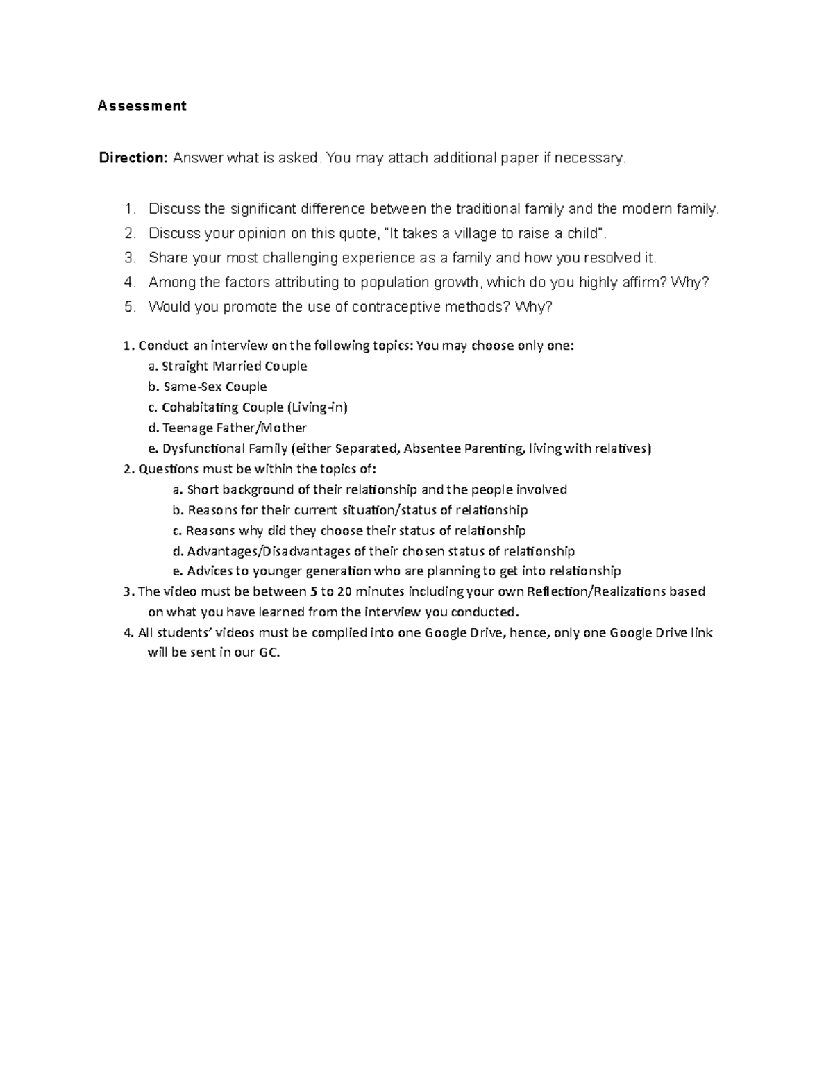Assessment for Family Management - Assessment Direction: Answer what is ...