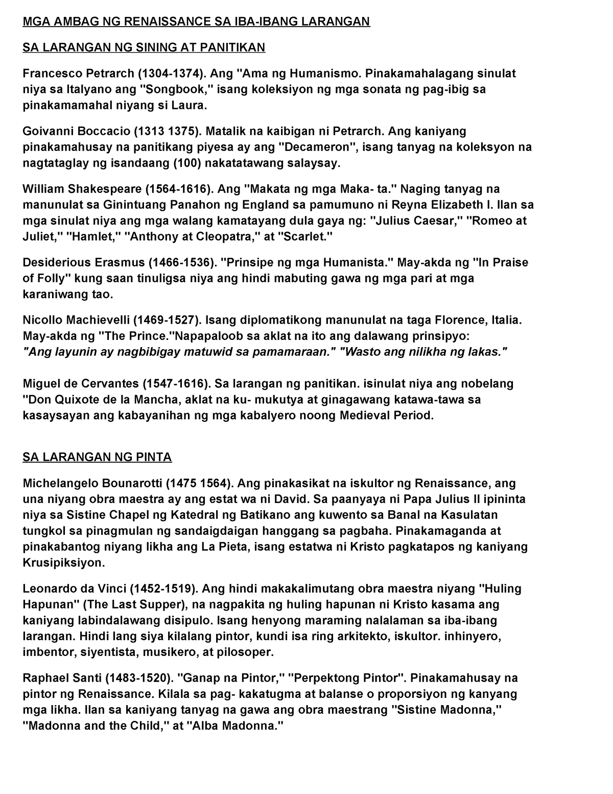 Ap Renaissance Notes Mga Ambag Ng Renaissance Sa Iba Ibang Larangan Sa Larangan Ng Sining At 1015