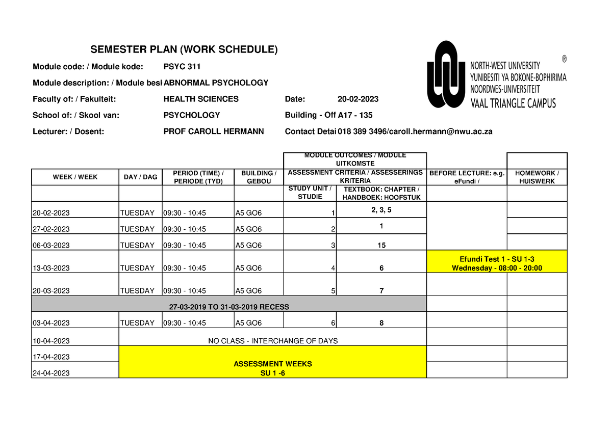 PSYC 311 Semester Plan 2023 - Module Code: / Module Kode: PSYC 311 ...