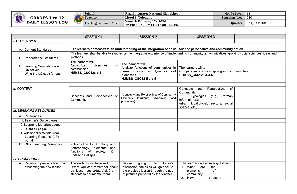 LBT-3Q CSC-W3 - For lecture lesson - GRADES 1 to 12 DAILY LESSON LOG ...