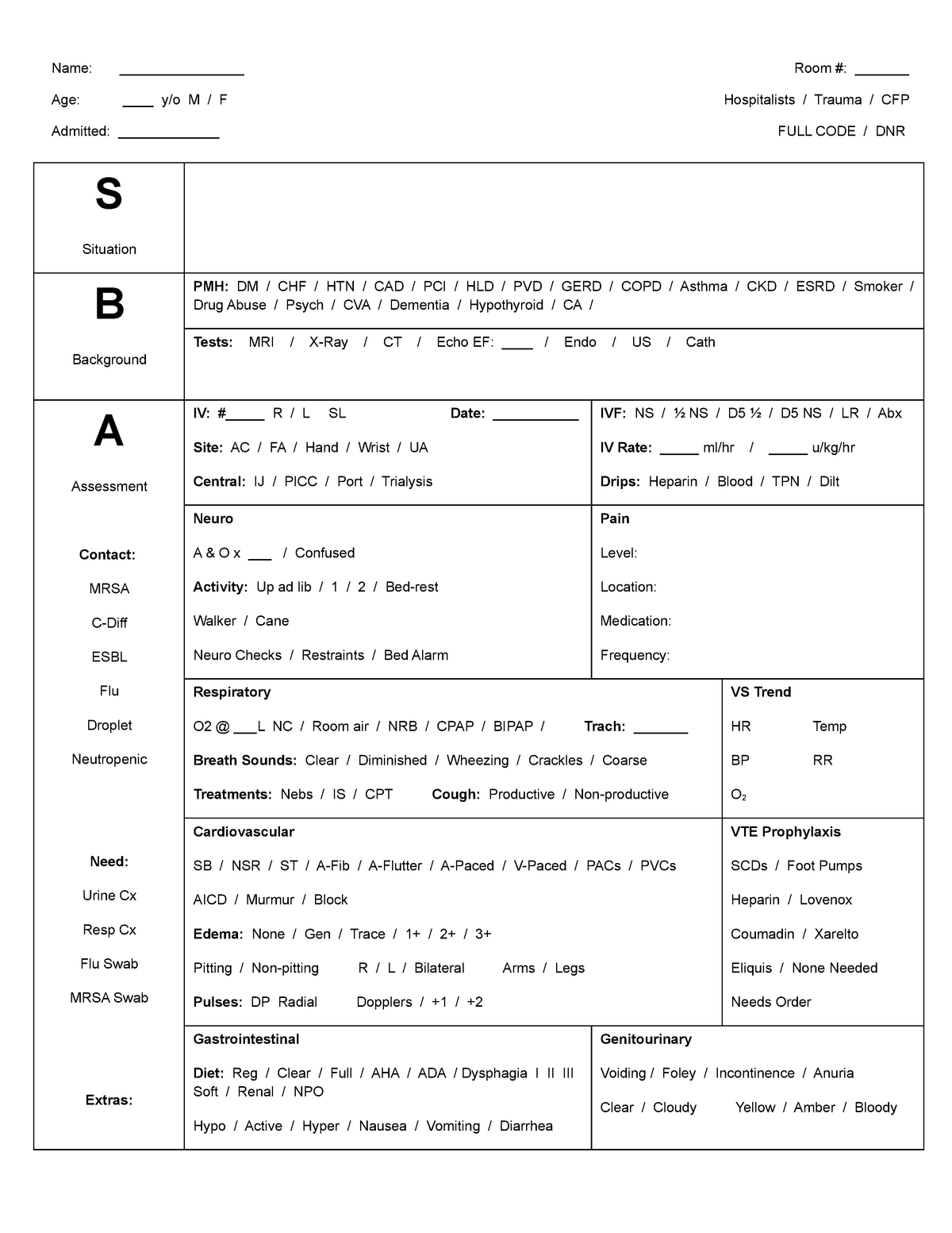 Sbar Fullsize Nursing Report Sheet Name Room