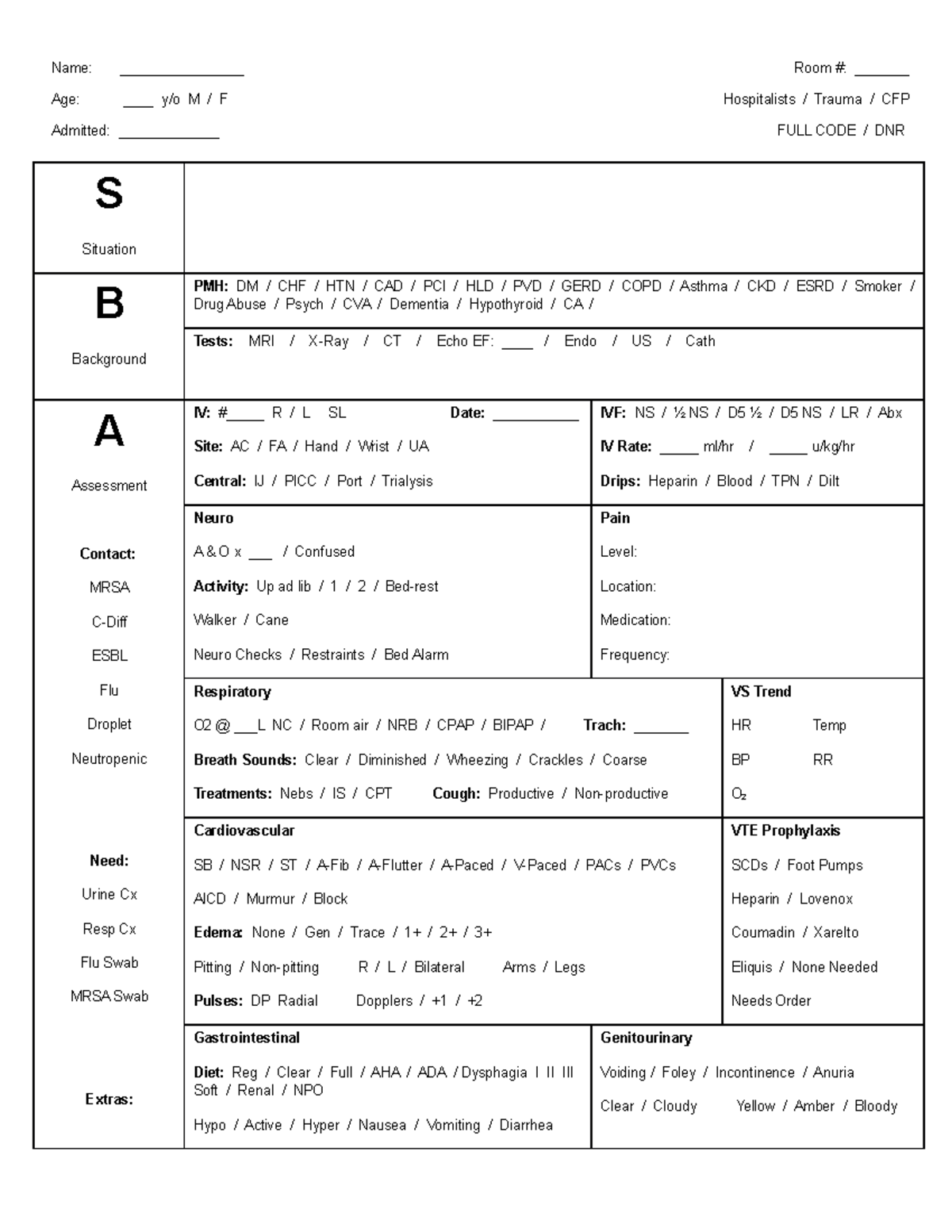 SBAR Fullsize Nursing Report Sheet - Name: ________________ Room ...