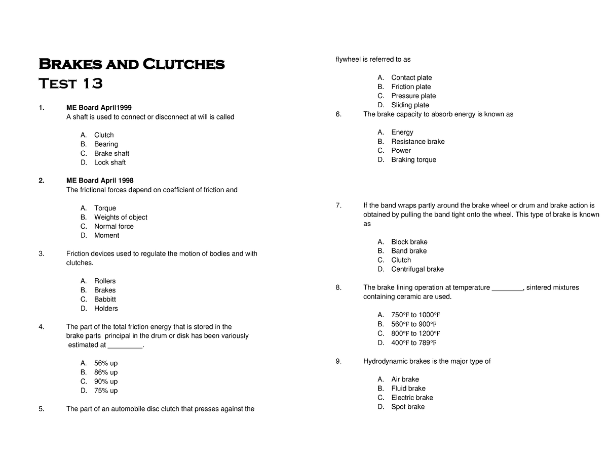 Brakes and Clutches T13 Brakes and Clutches Test 13 ME Board April A