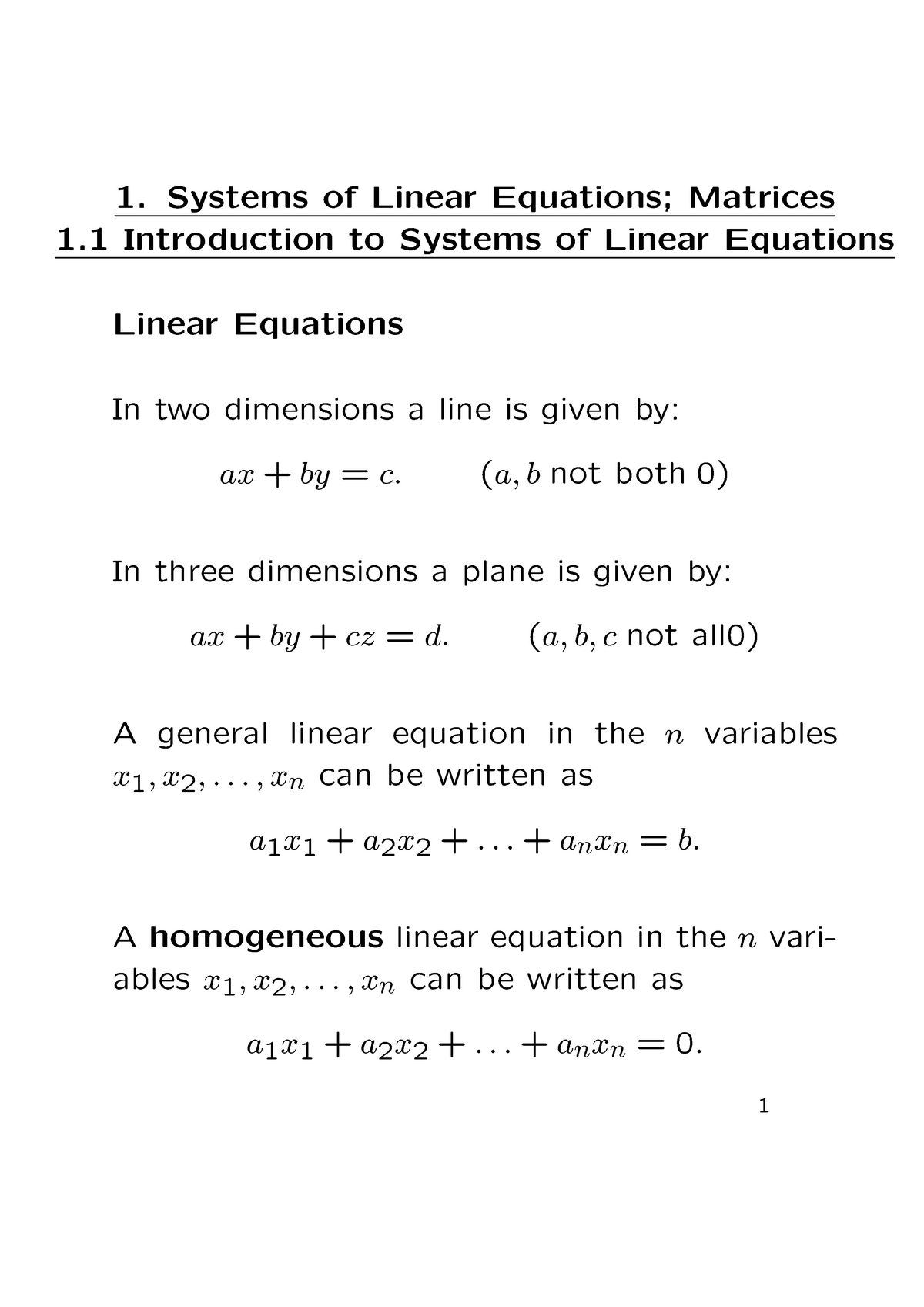 Section 1 - Lecture notes 1-2 - 1. Systems of Linear Equations ...