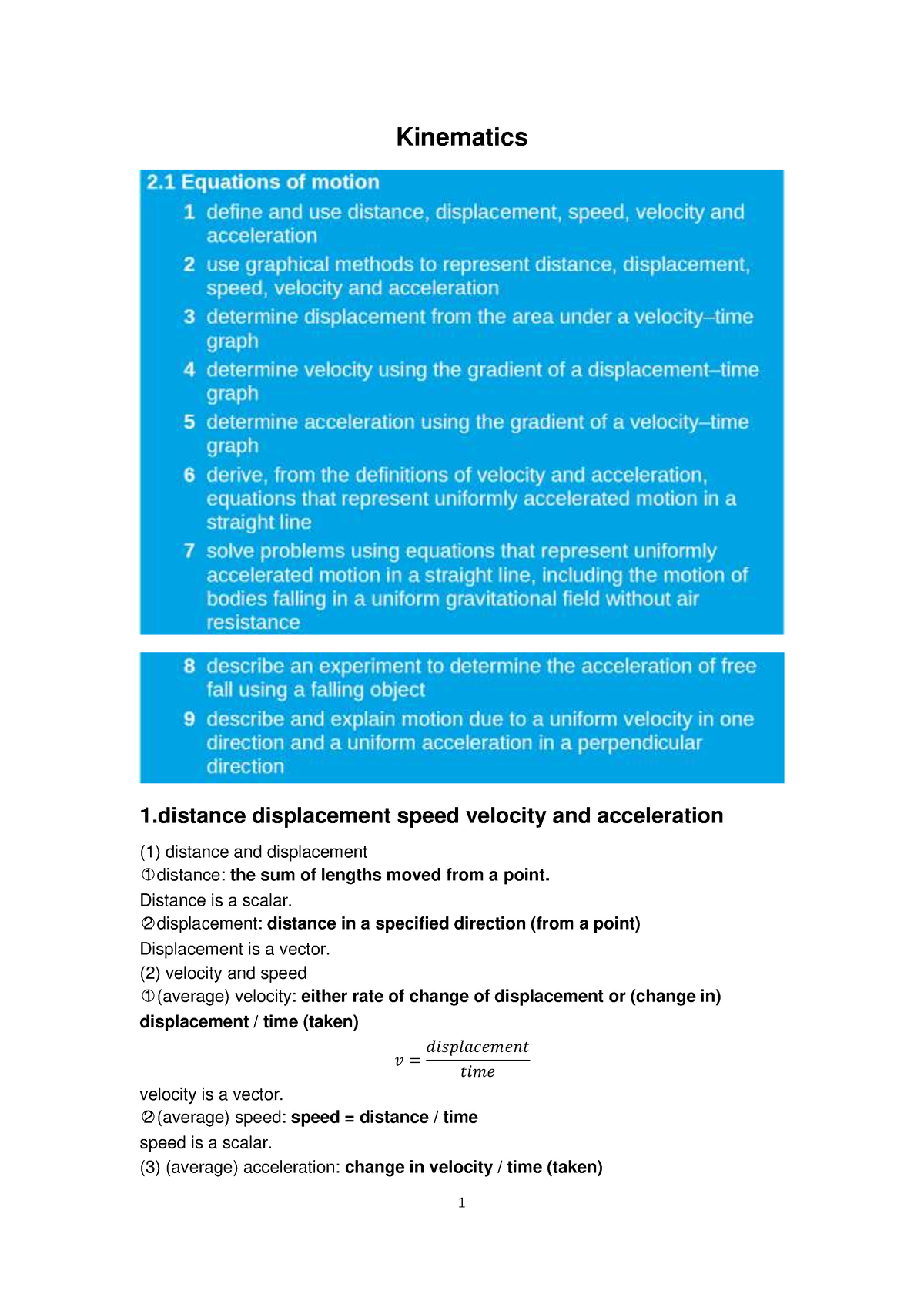 Kinematics Summary Of This Topic Kinematics Displacement Speed