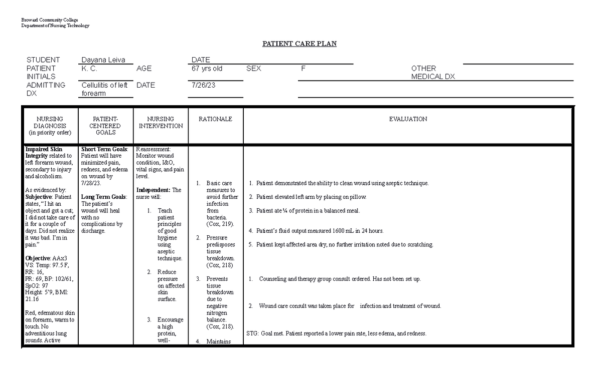 Cellulitis Care Plan Form Broward Community College Department Of Nursing Technology Patient 