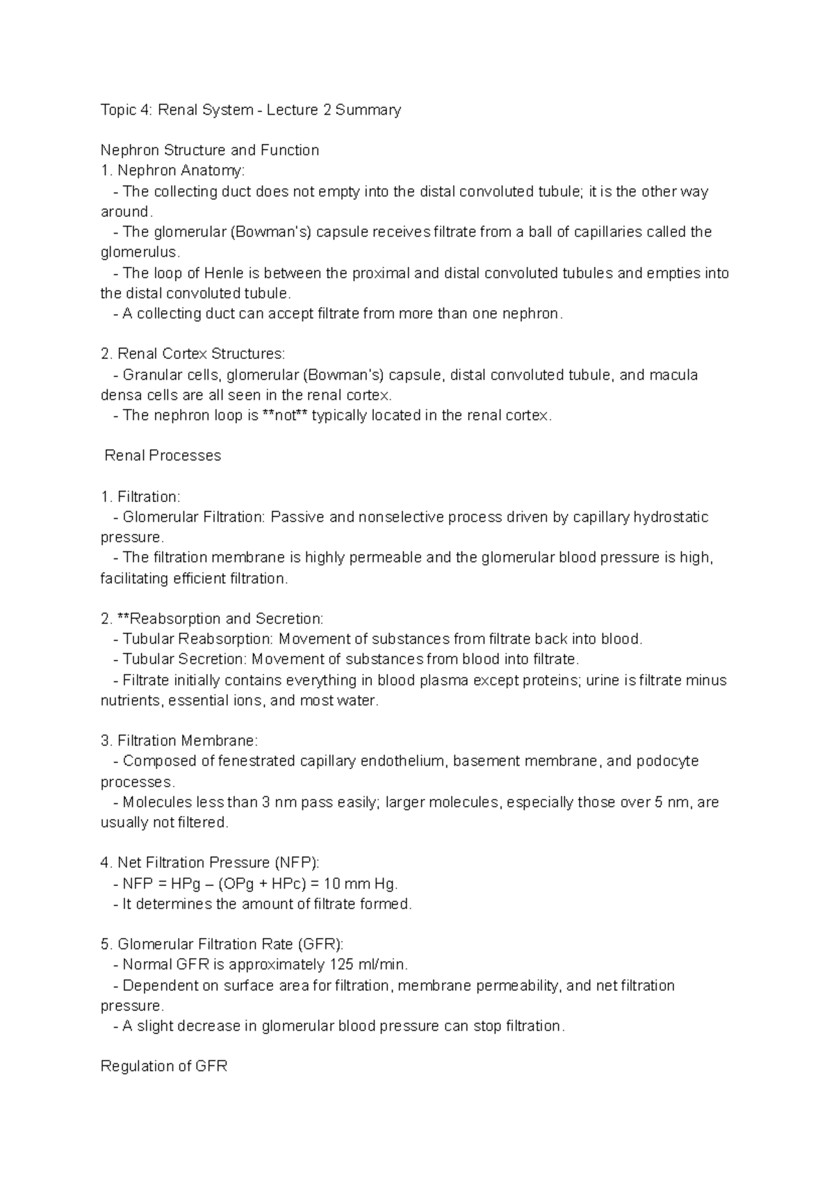 Renal 2 Summary - Topic 4: Renal System - Lecture 2 Summary Nephron ...