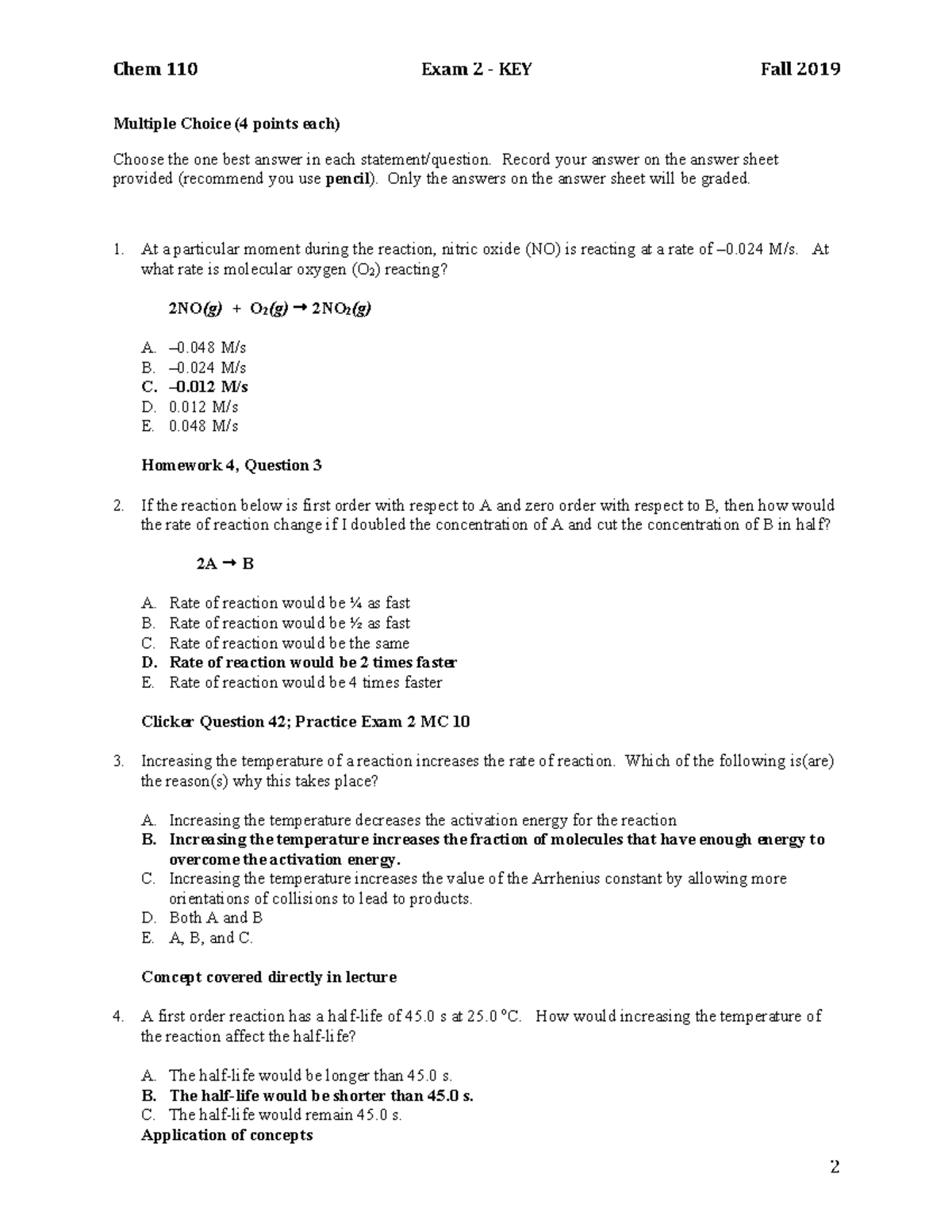 Exam2 110 Fa19 Key - exam - Multiple Choice (4 points each) Choose the ...