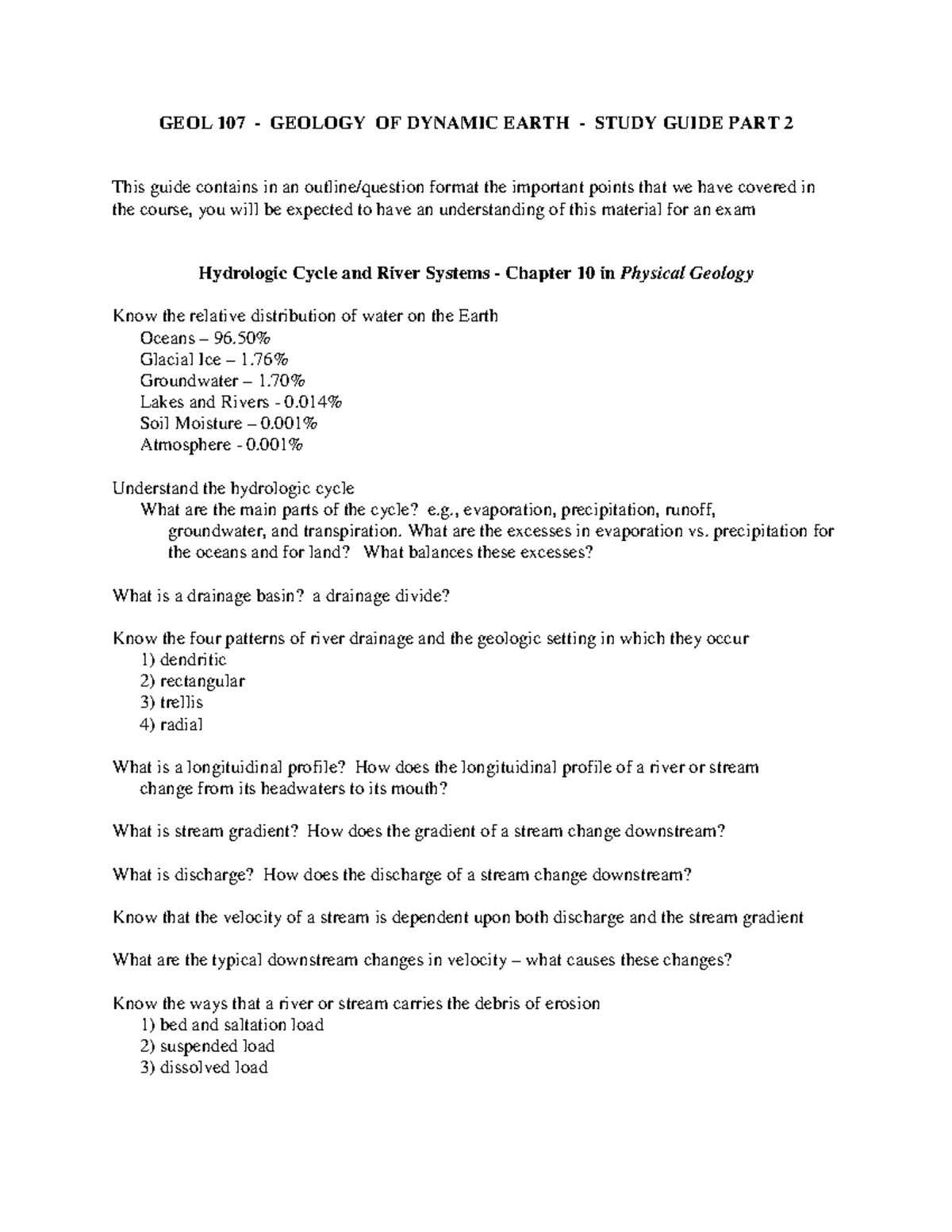 Study Guide Part2 - GEOL 107 - GEOLOGY OF DYNAMIC EARTH - STUDY GUIDE ...