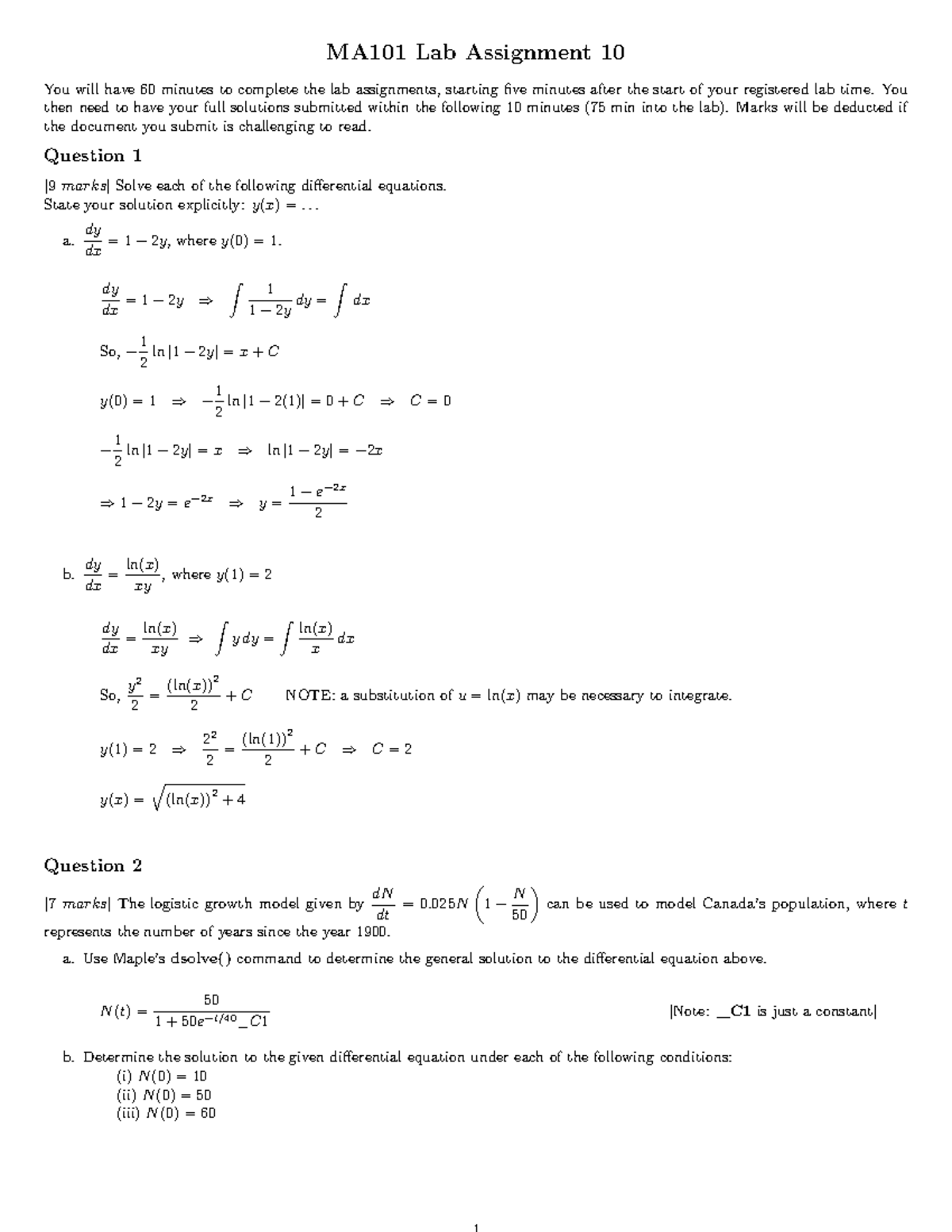 Lab 10 Solutions - MA101 Lab Assignment 10 You will have 60 minutes to ...