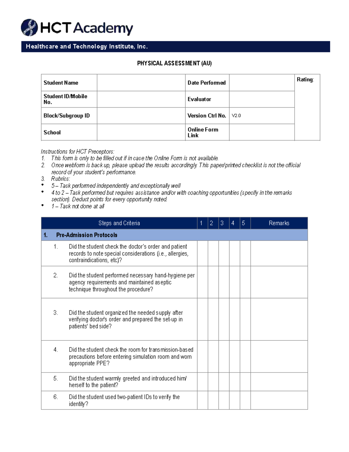 HCT-RLE-Checklist - Healthcare and Technology Institute, Inc. PHYSICAL ...