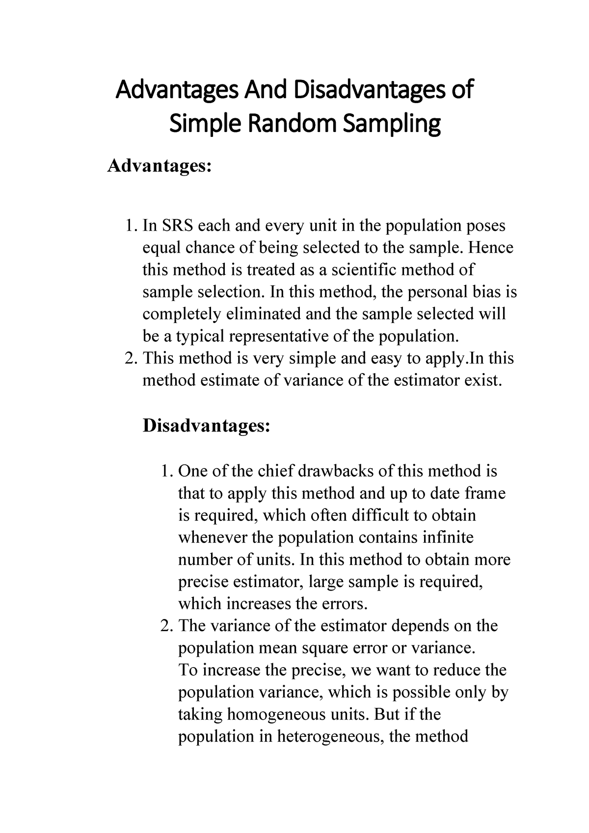 Advantages And Disadvantages Of Simple Random Sampling Advantages And 