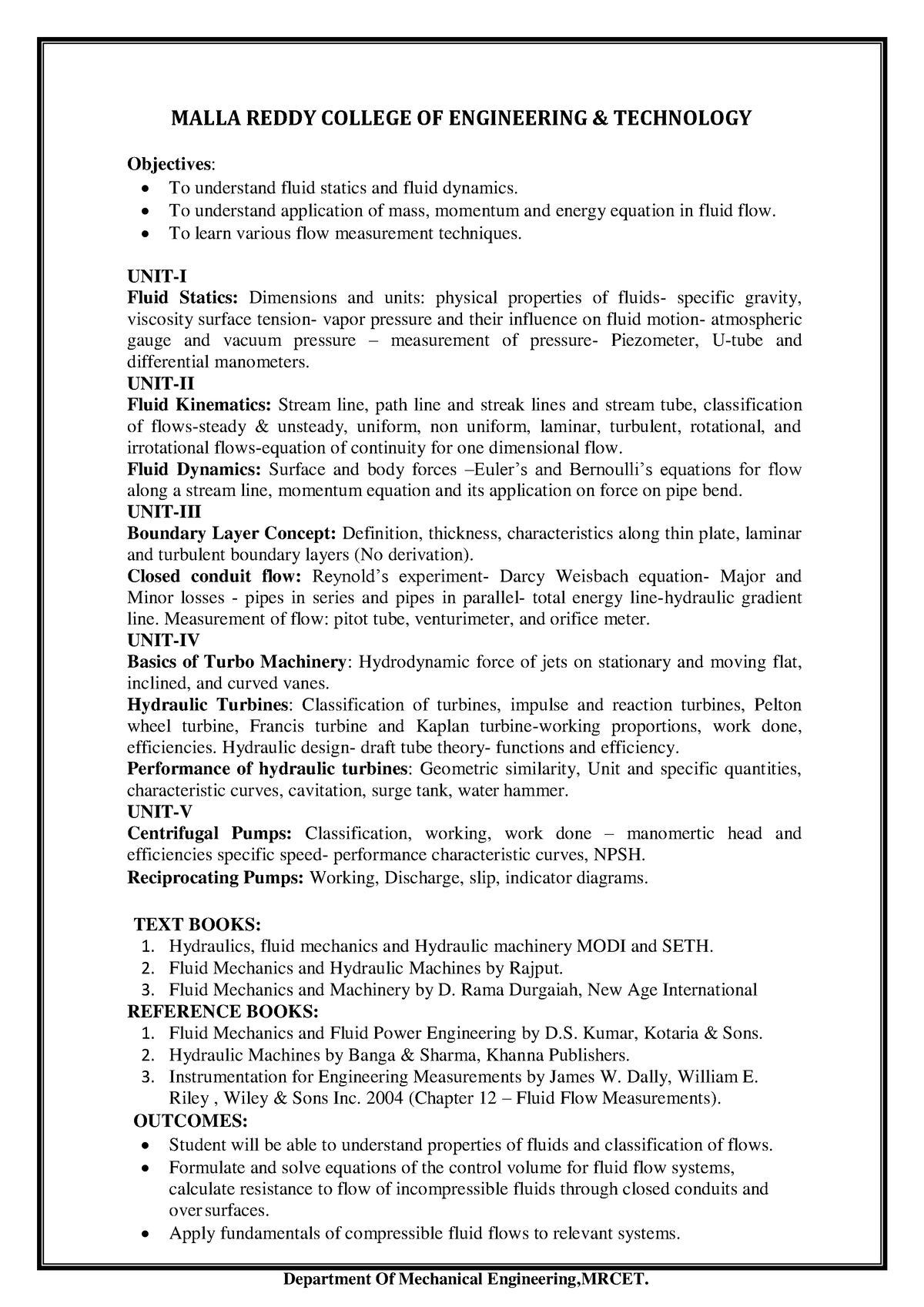 Fluid Mechanics Basic - Department Of Mechanical Engineering,MRCET ...