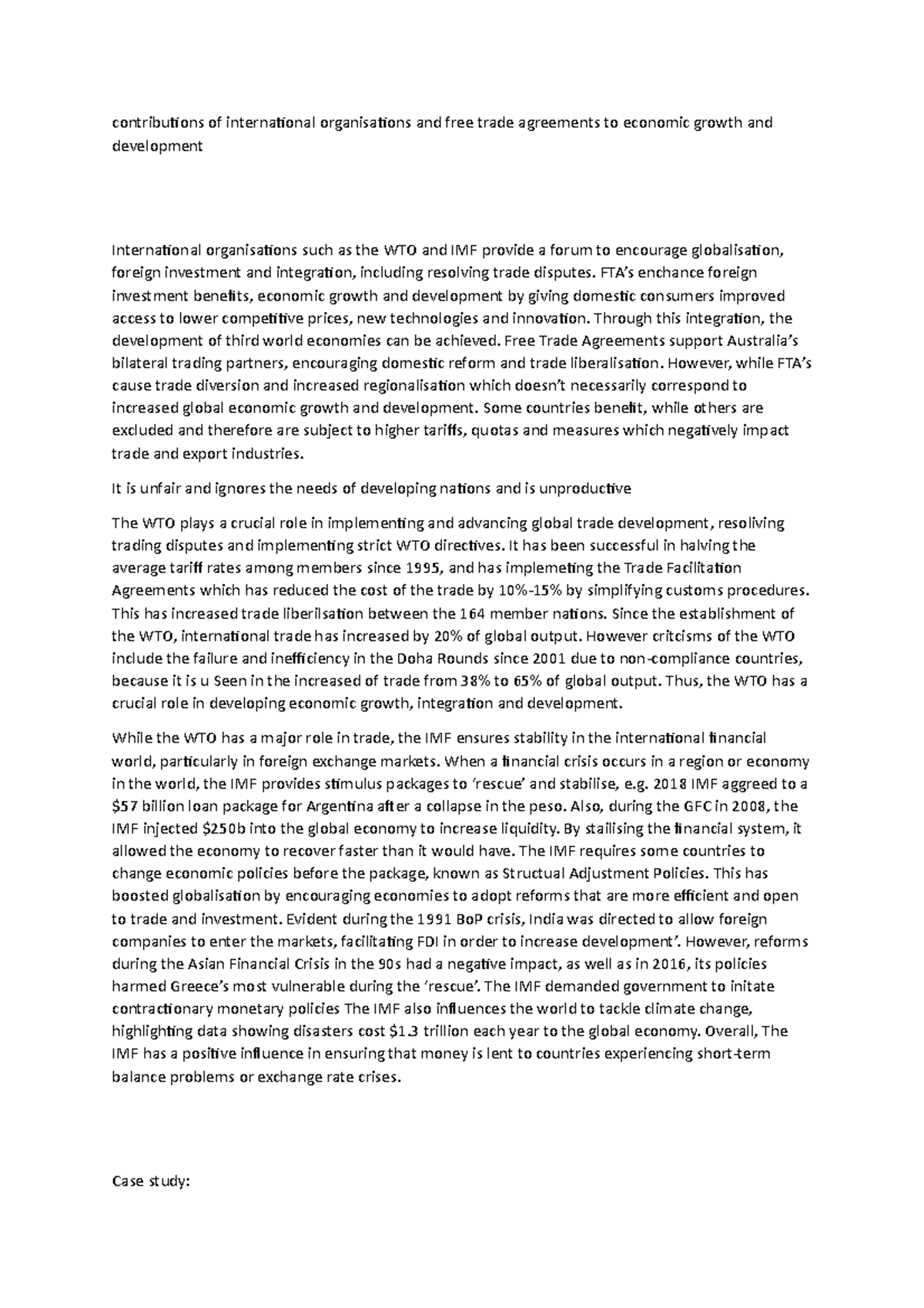 Contributions of international organisations and free trade agreements ...
